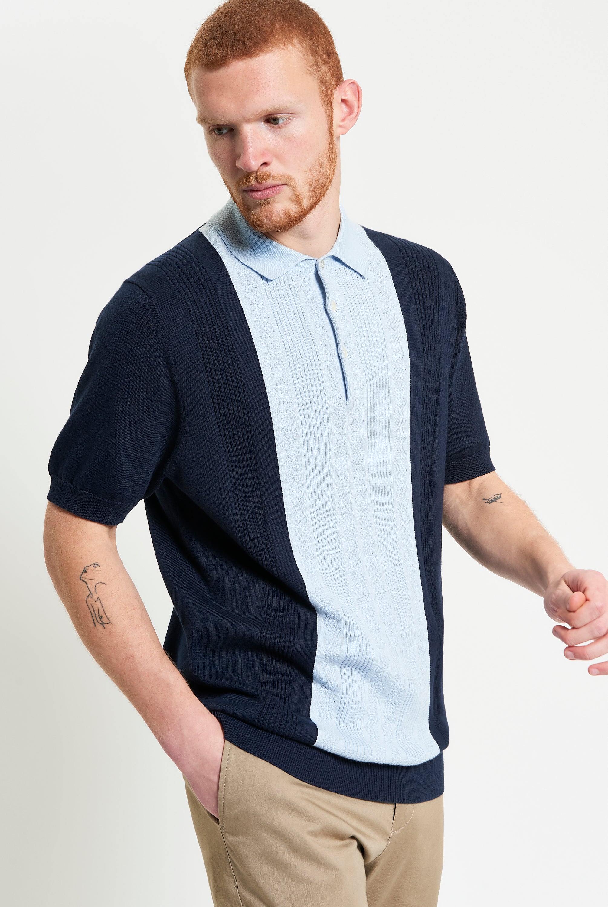 Textured Block Stripe Polo – Navy and Light Blue Short Sleeve Knitwear with Raised Block-Stripe Texture