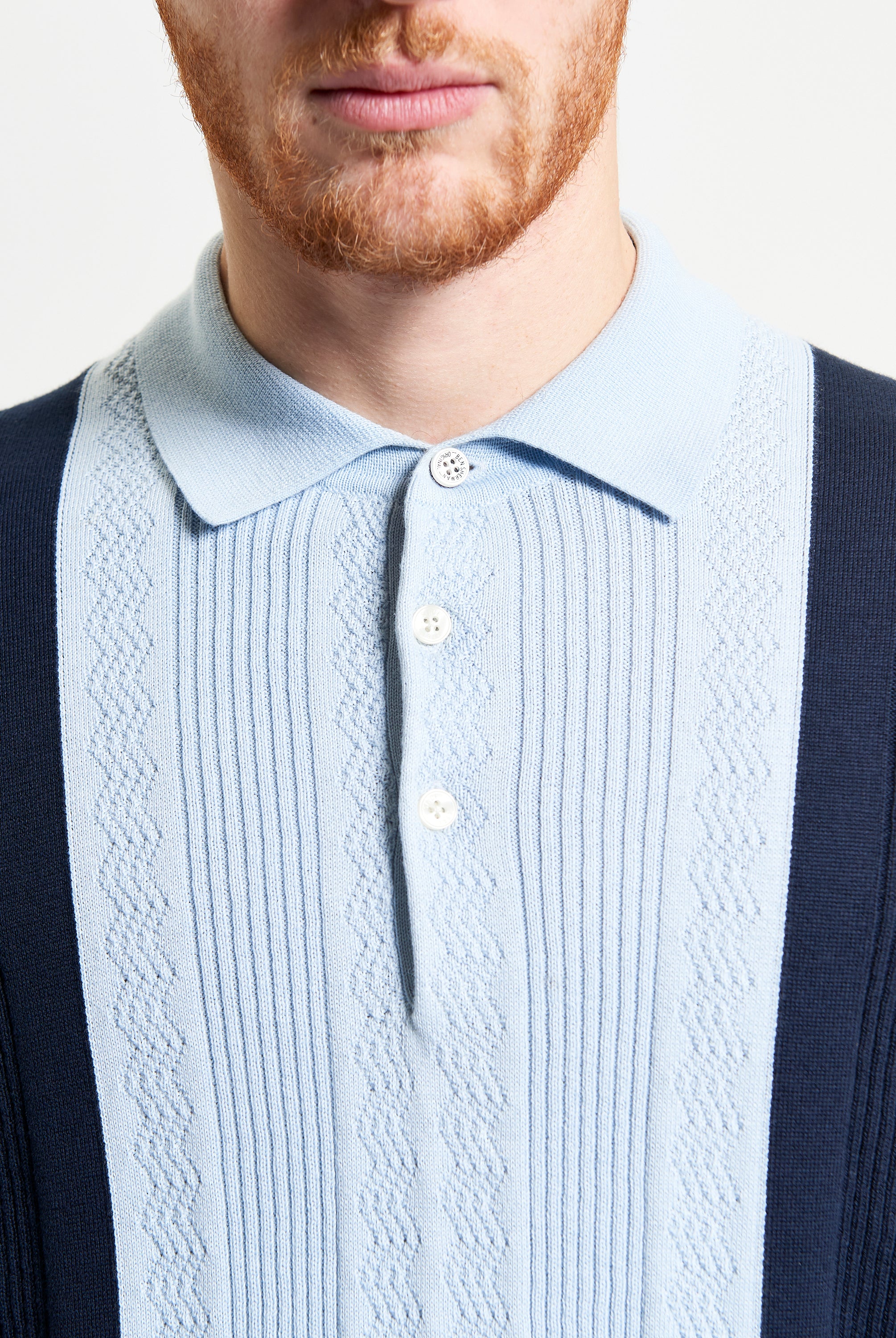 Textured Block Stripe Polo – short sleeve polo with block stripe texture and three-button placket detail.