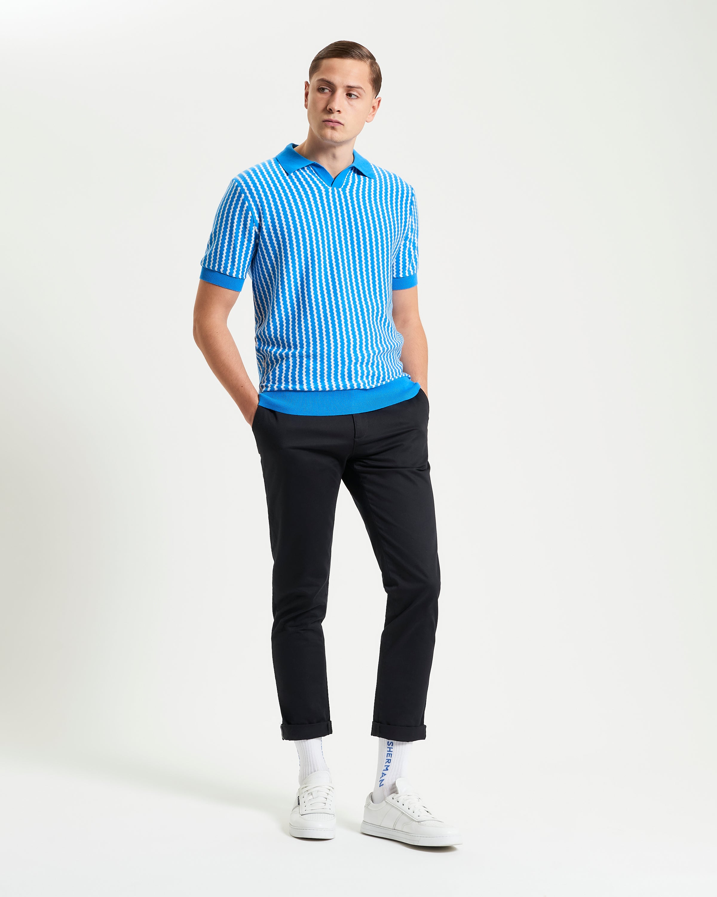 Vertical Wave Polo – blue and white vertical wave design, relaxed fit, open neckline, stylish casual wear.
