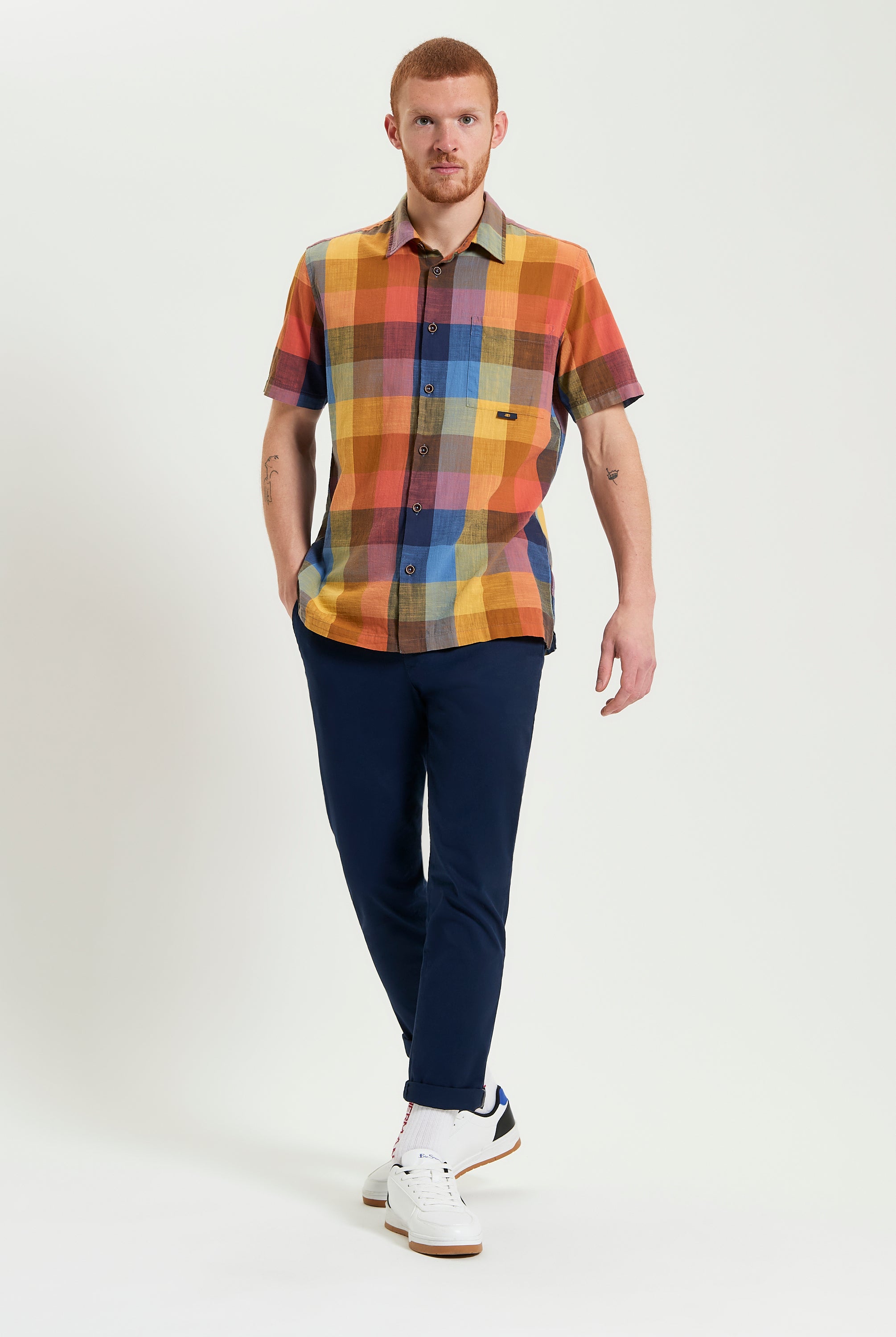 Multicolour Check shirt with casual point collar and straight hem, styled with navy pants for a versatile look.