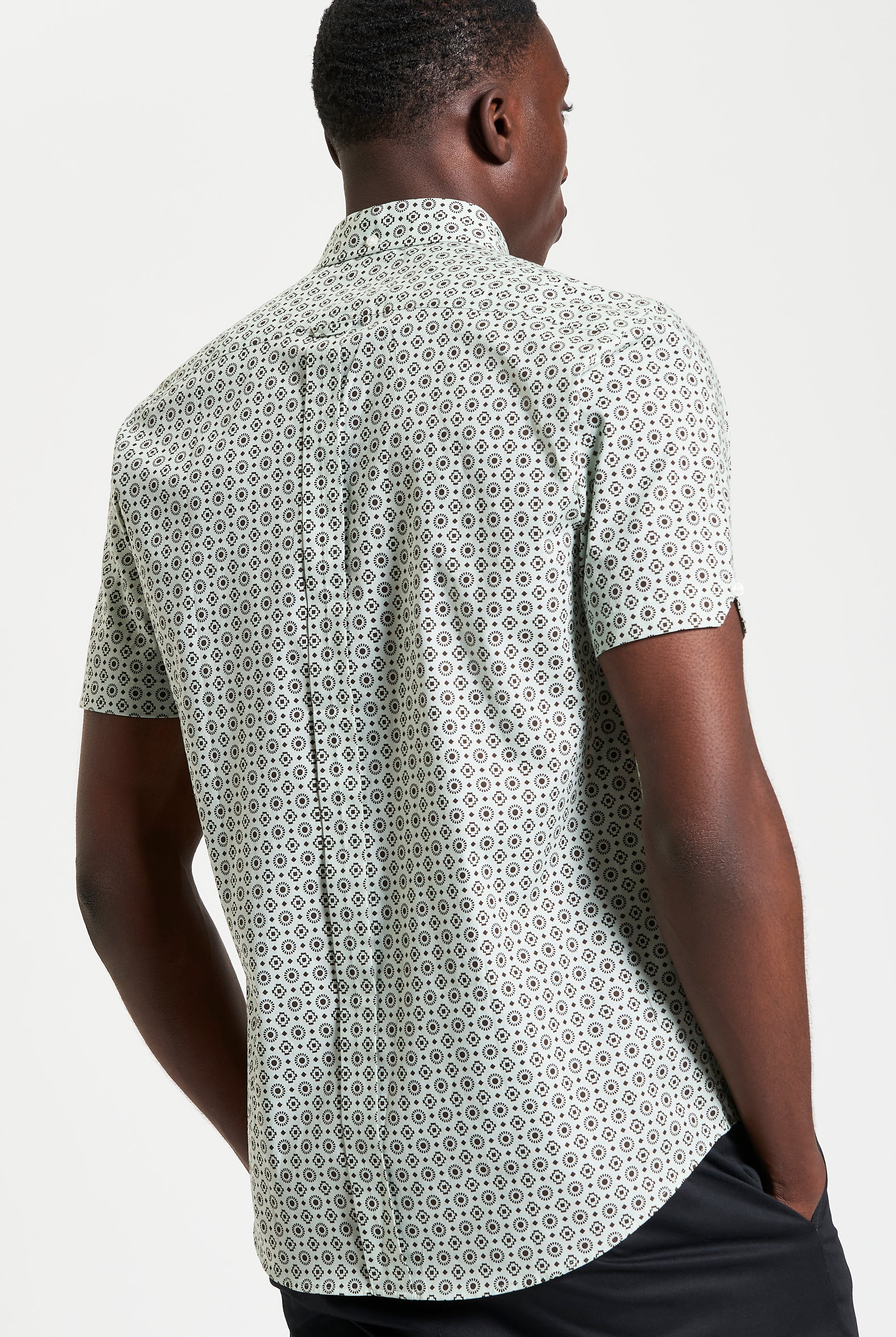 Block Geo Print short sleeve shirt showing back design and organic cotton fabric details.