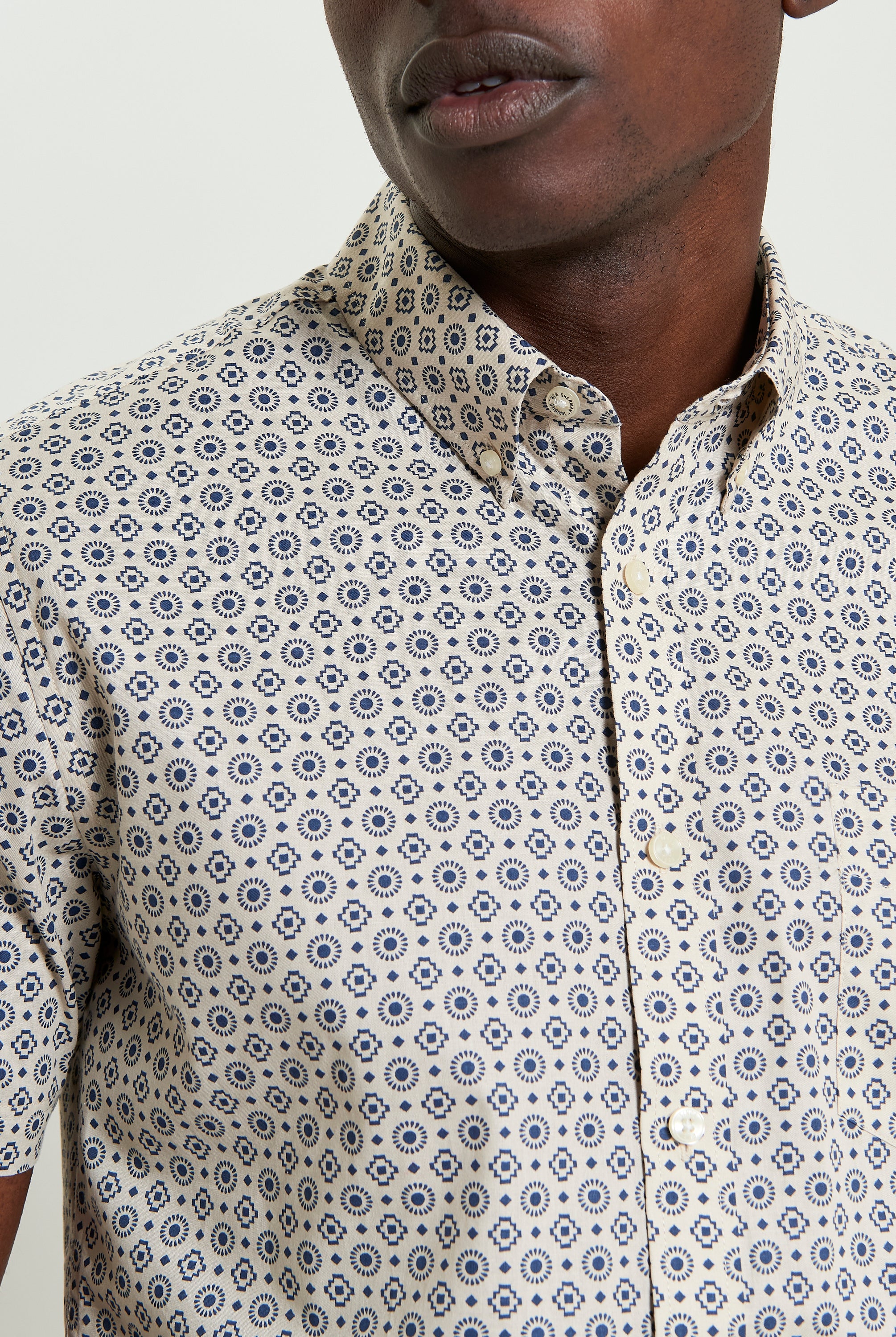 Block Geo Print short sleeve shirt featuring graphic block-pattern design for a bold yet wearable look.