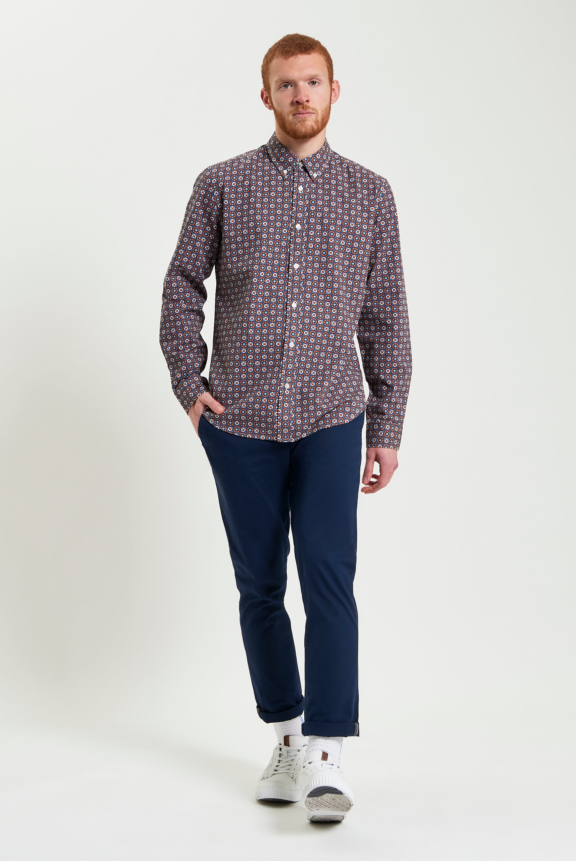 Block Foulard Print long-sleeve shirt styled with navy chinos and white sneakers, perfect for smart-casual occasions.