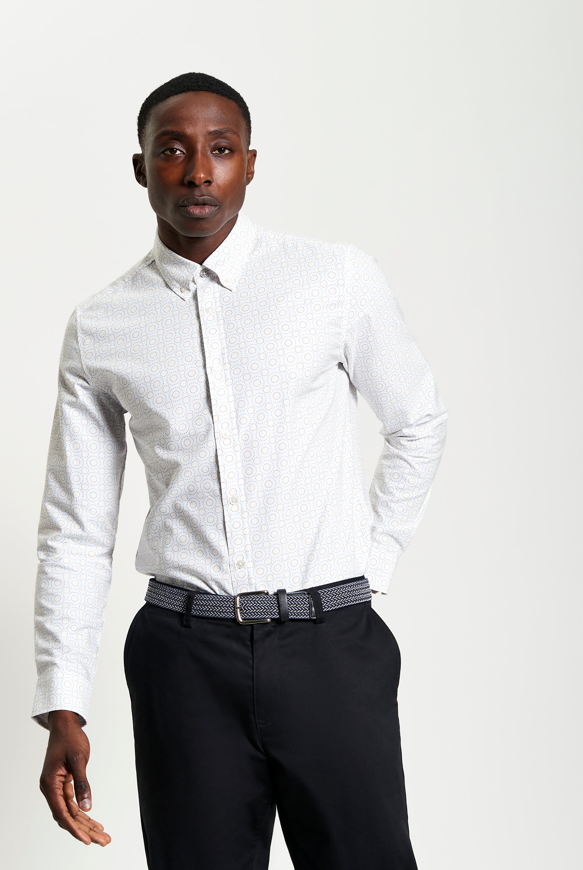 Stipple Spot Print – long sleeve cotton shirt with modern fit and curved hem for smart-casual style.