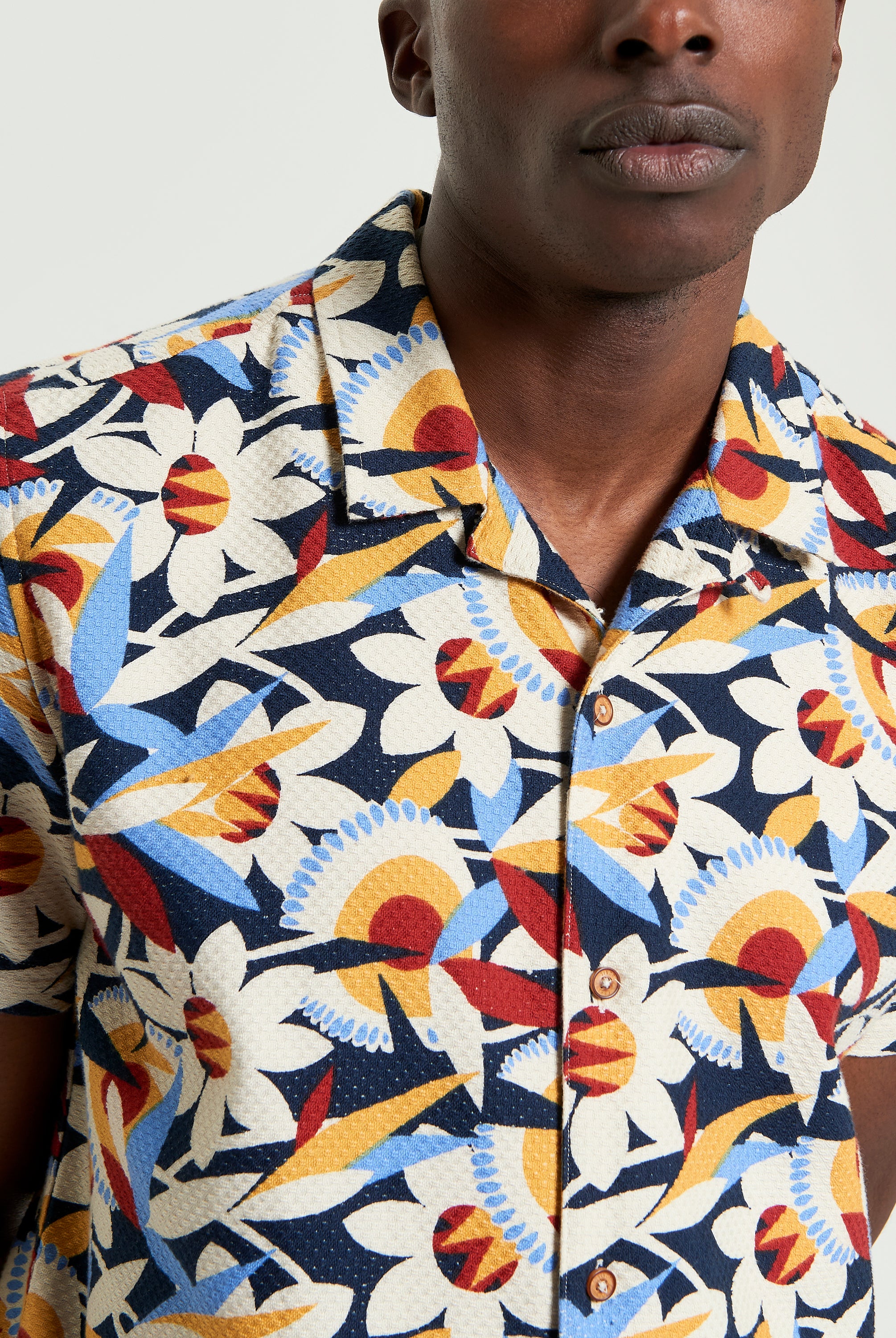 Abstract Floral Print – Short Sleeve Shirt with Revere Collar and Colorful Design