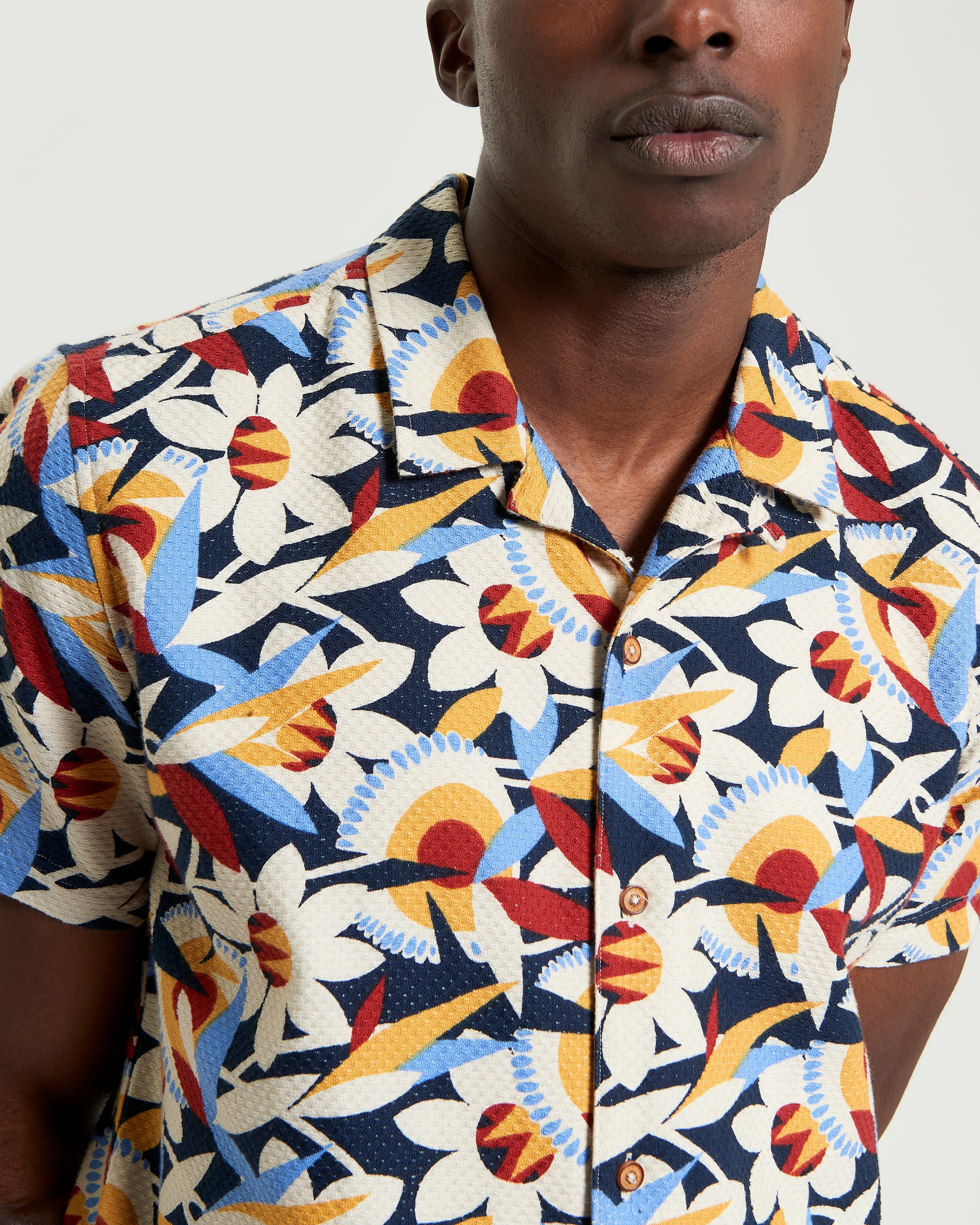 Abstract Floral Print – Short Sleeve Shirt with Revere Collar and Colorful Design