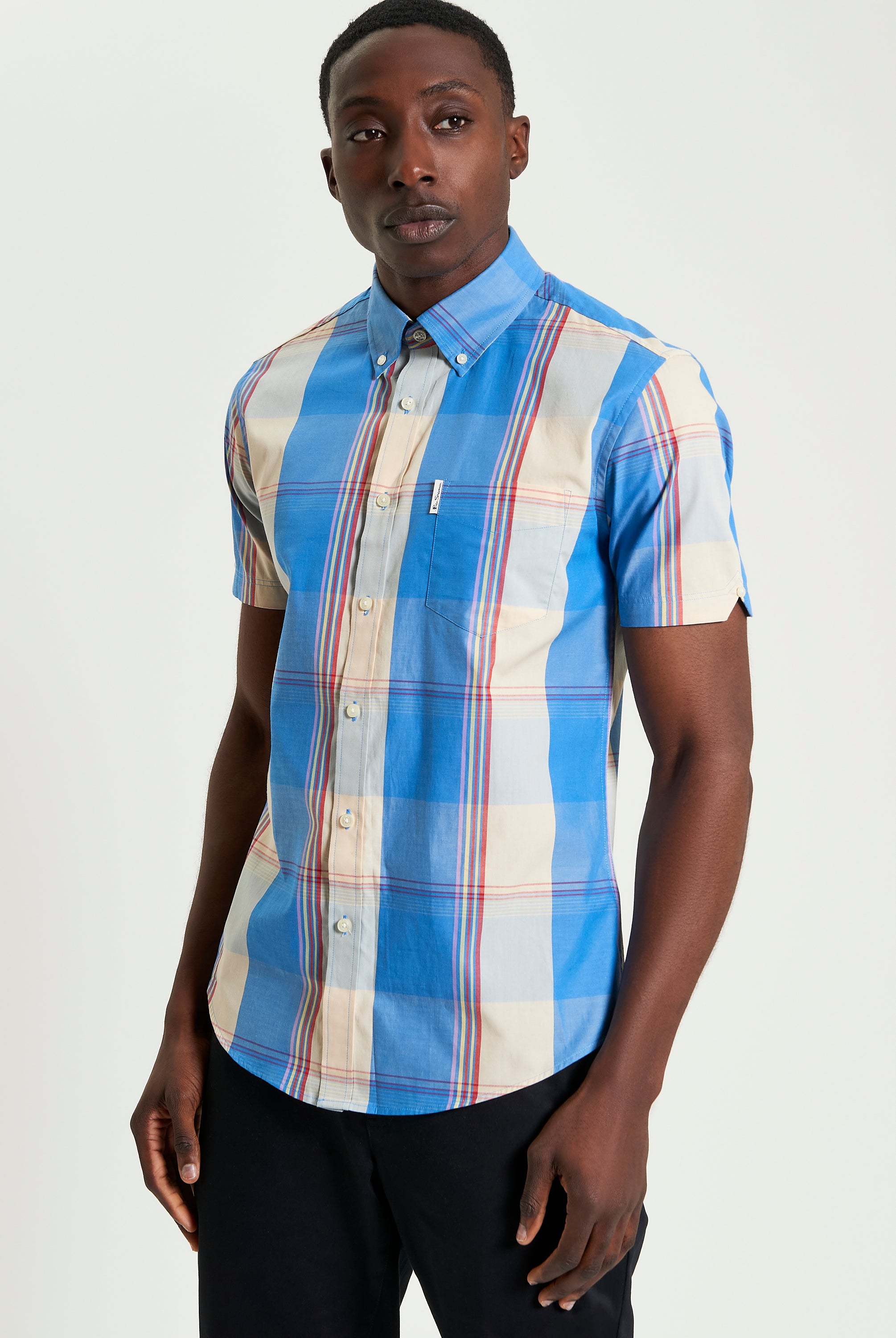 Multicolour Overcheck Shirt – Blue and Cream Short Sleeve with Bold Overcheck Pattern