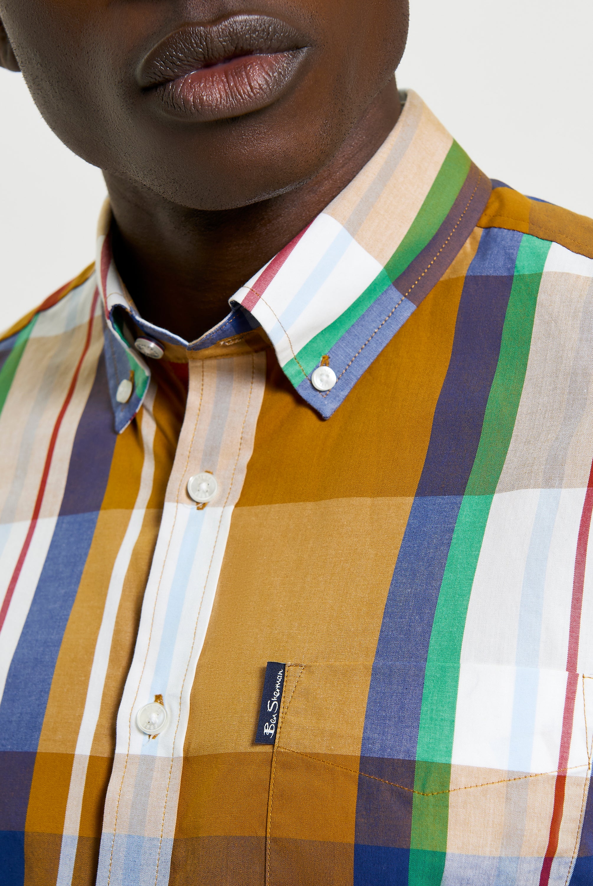 Large Madras Check short sleeve shirt in vibrant check palette with button-down collar and signature Ben Sherman label.