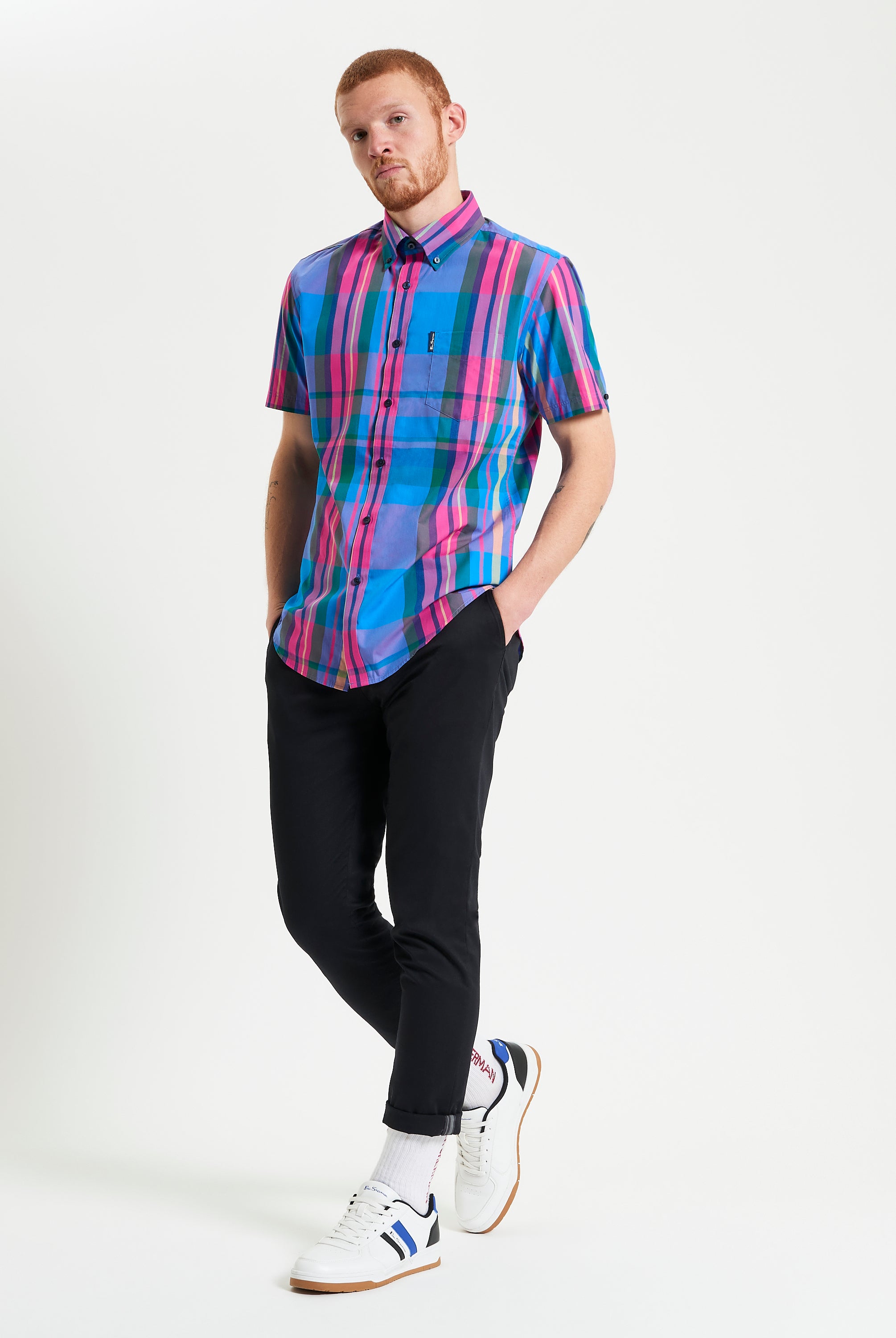 Large Madras Check short sleeve shirt in vibrant pink and blue check pattern, perfect for casual summer style.