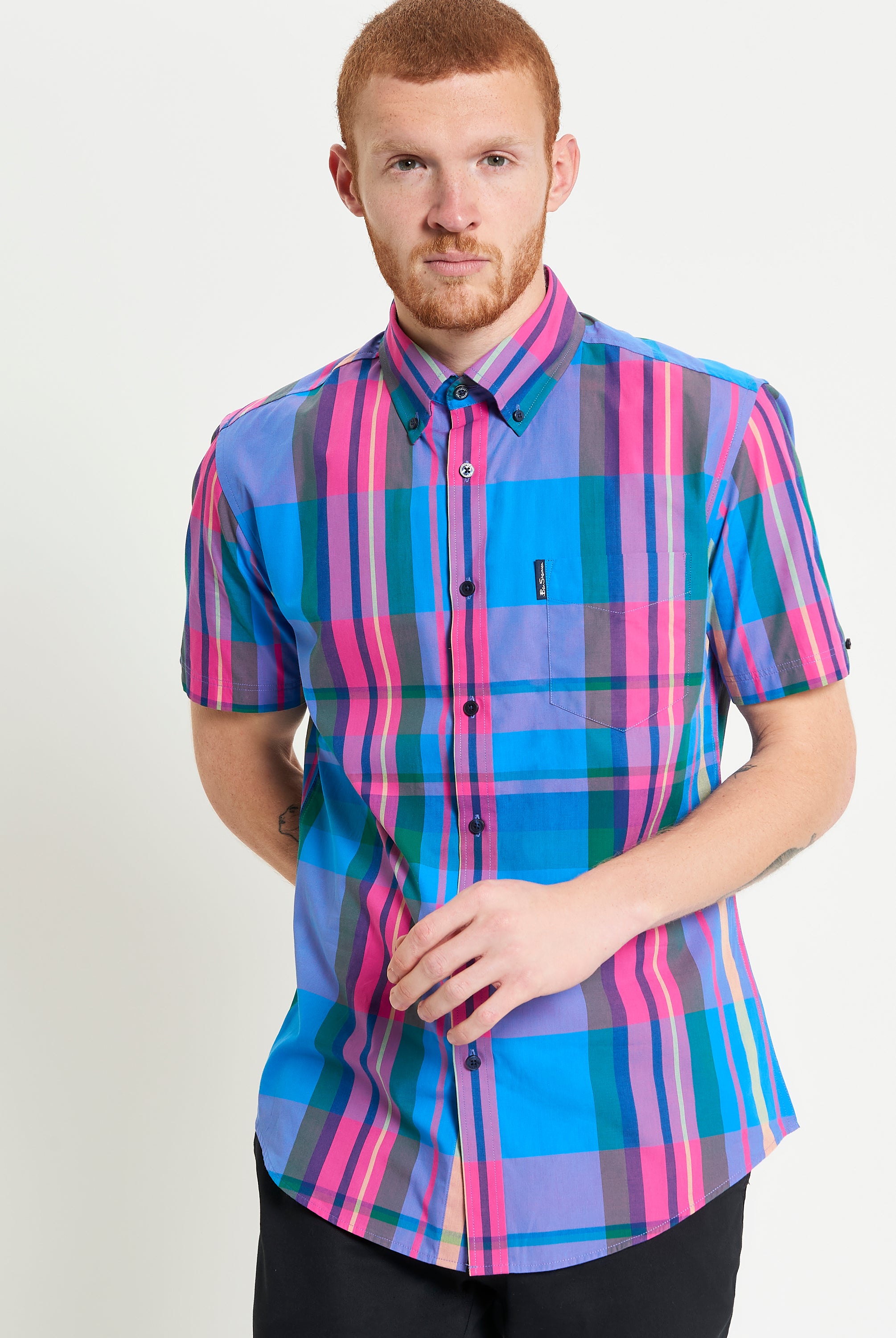 Large Madras Check short sleeve shirt in vibrant colors with short sleeves and button-down collar.