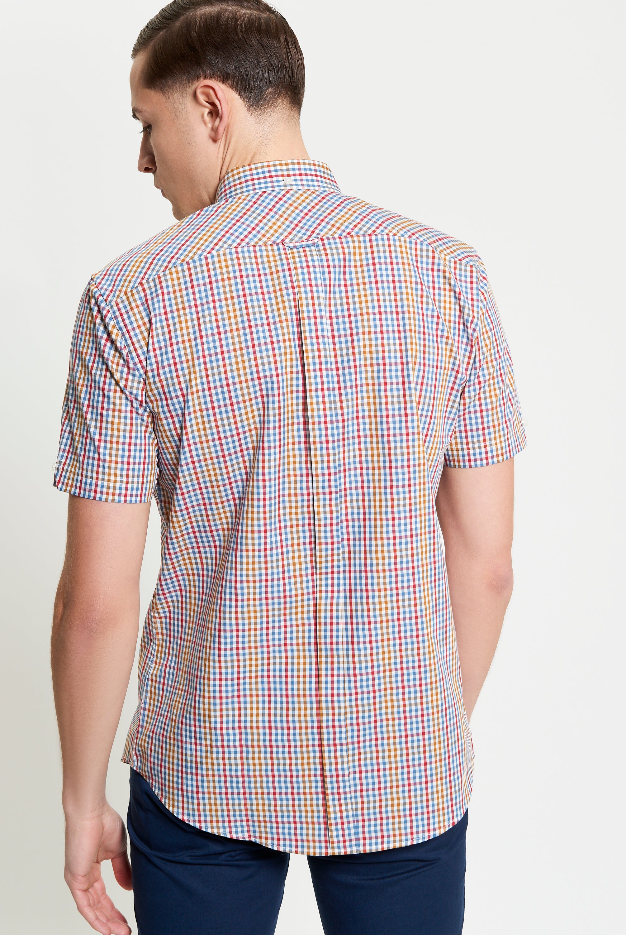 Mini Gingham Check Shirt – Back view showcasing the colorful check pattern and curved hem.