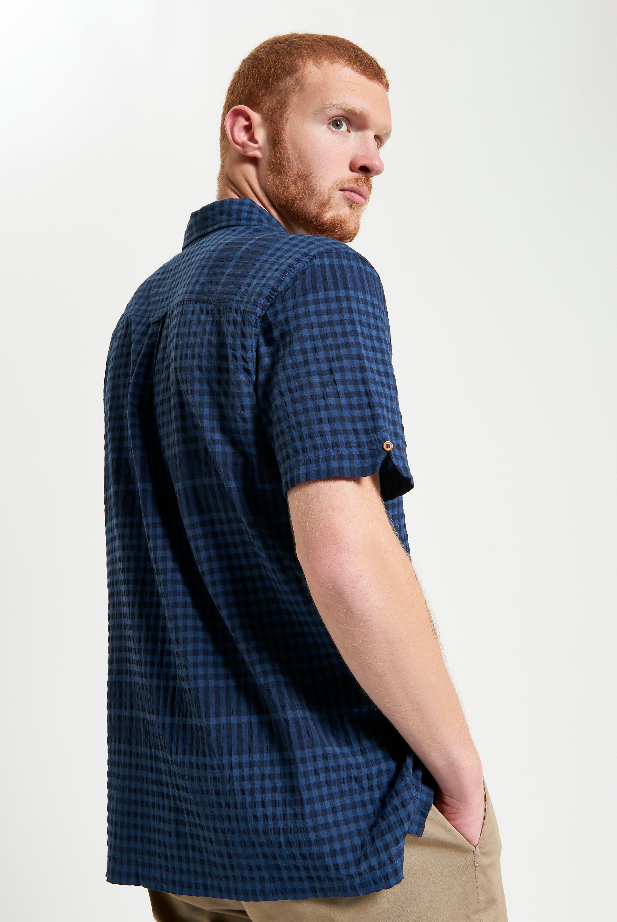 Seersucker Gingham – men's short sleeve shirt in navy check pattern, featuring a revere collar and relaxed fit.