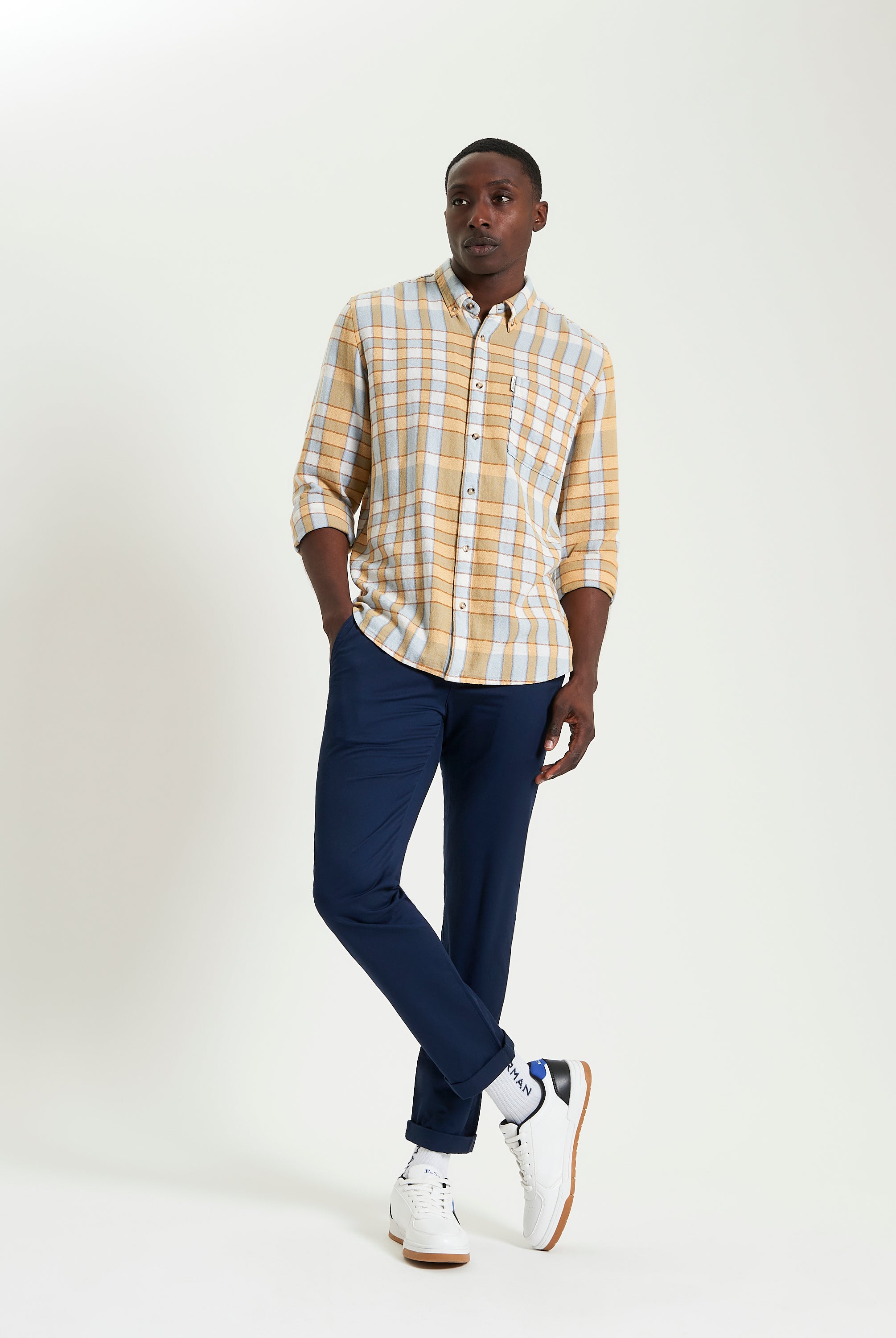 Crepe Check – Yellow and Blue Check Shirt with Long Sleeves and Curved Hem