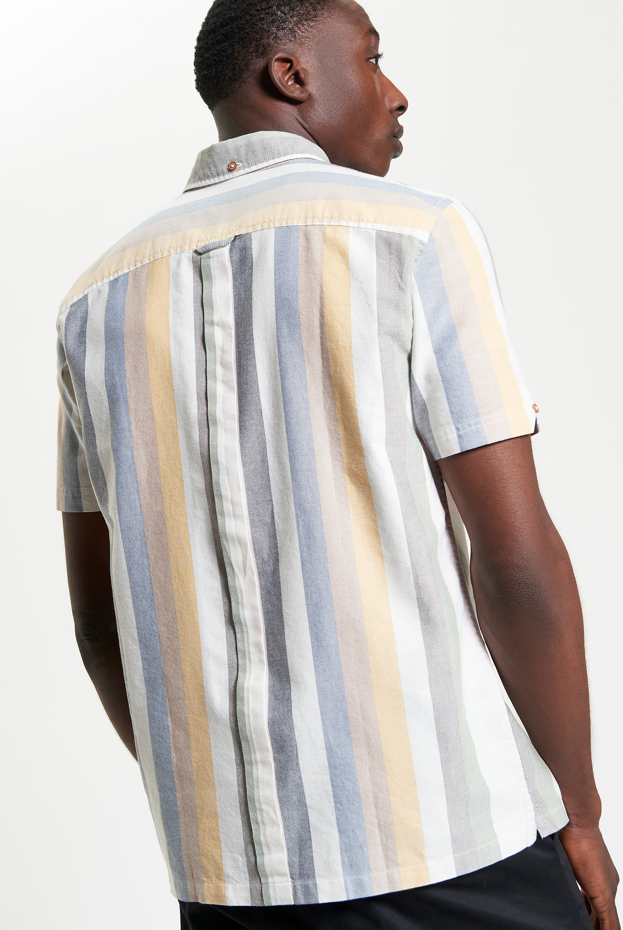 Candy Stripe shirt – back view showcasing vibrant stripes and three-finger button-down collar.