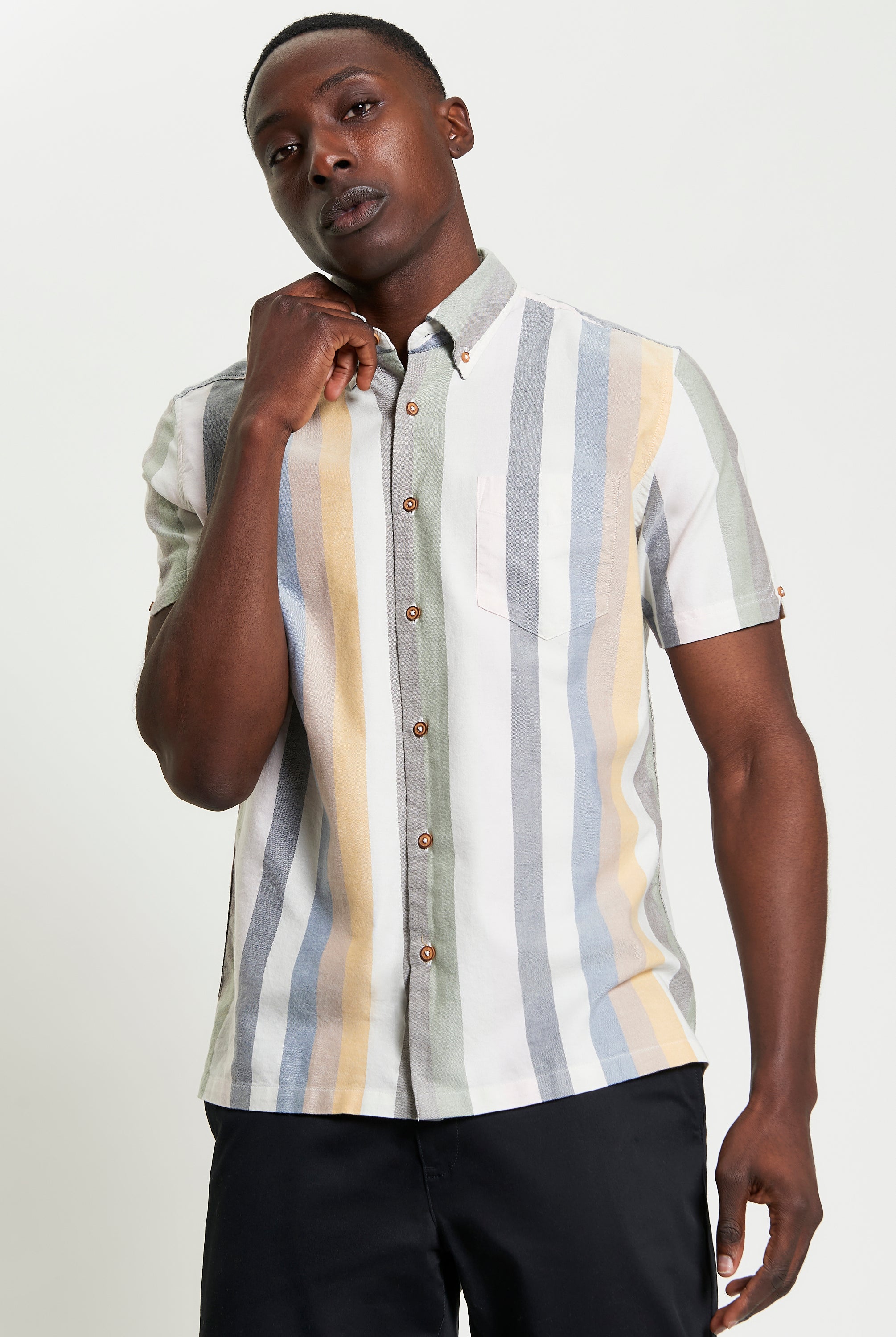 Candy Stripe – Short sleeve shirt with a three-finger button down collar and bright multi-colored stripes.