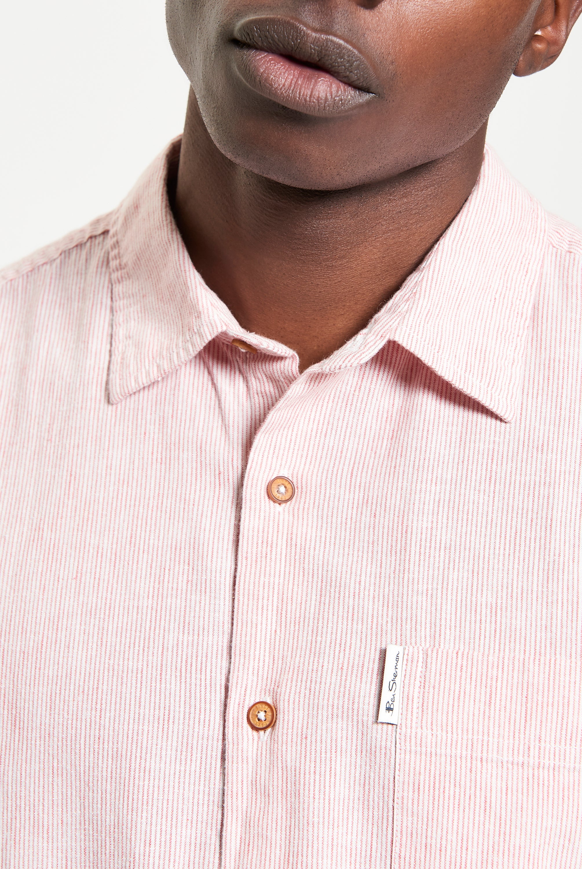 Ticking Stripe Shirt – Short-sleeve cotton-linen blend with a casual point collar and signature Ben Sherman label.