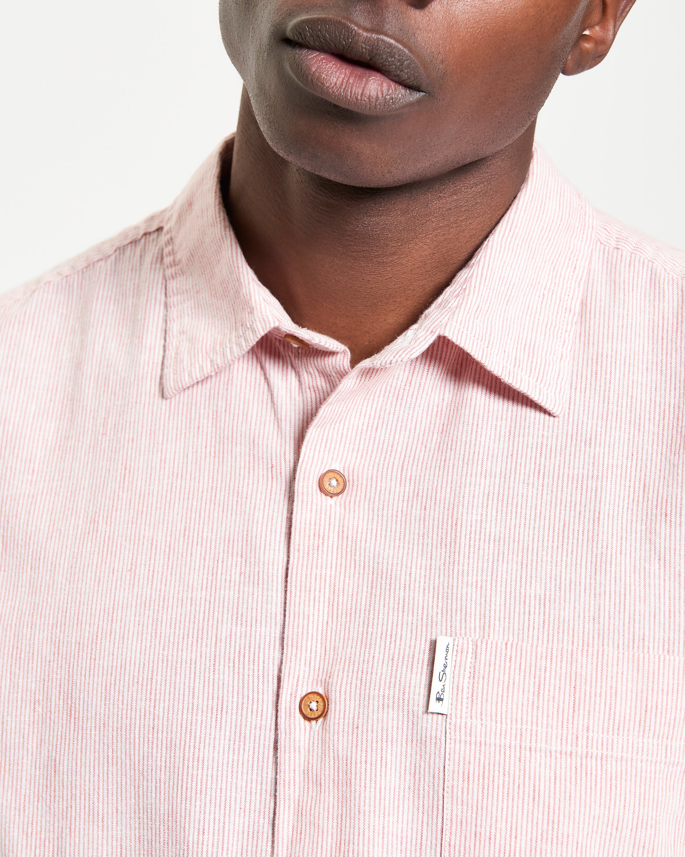 Ticking Stripe Shirt – Short-sleeve cotton-linen blend with a casual point collar and signature Ben Sherman label.