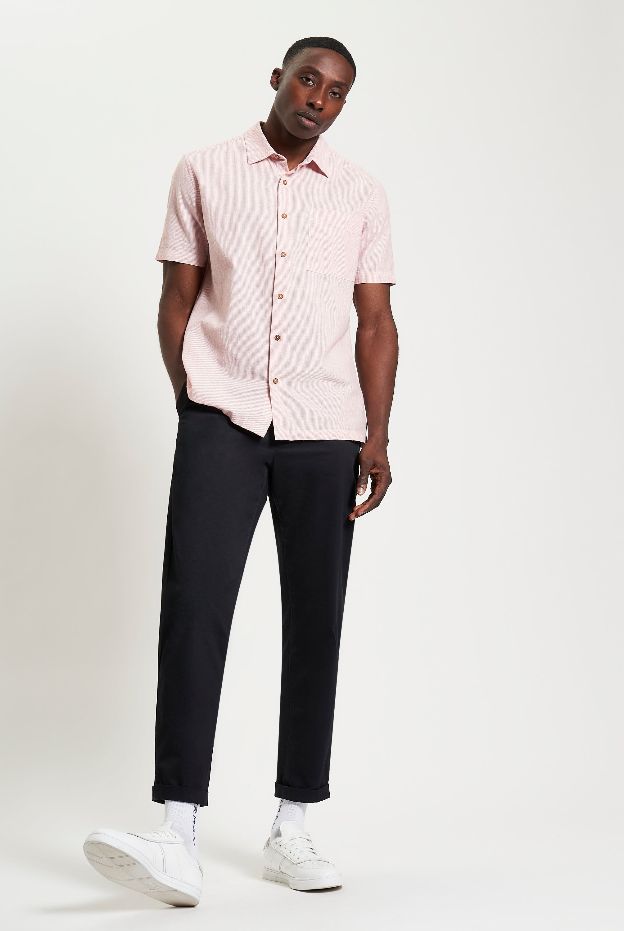 Ticking Stripe Shirt – casual short-sleeve style in breathable cotton-linen blend, ideal for warm-weather looks.