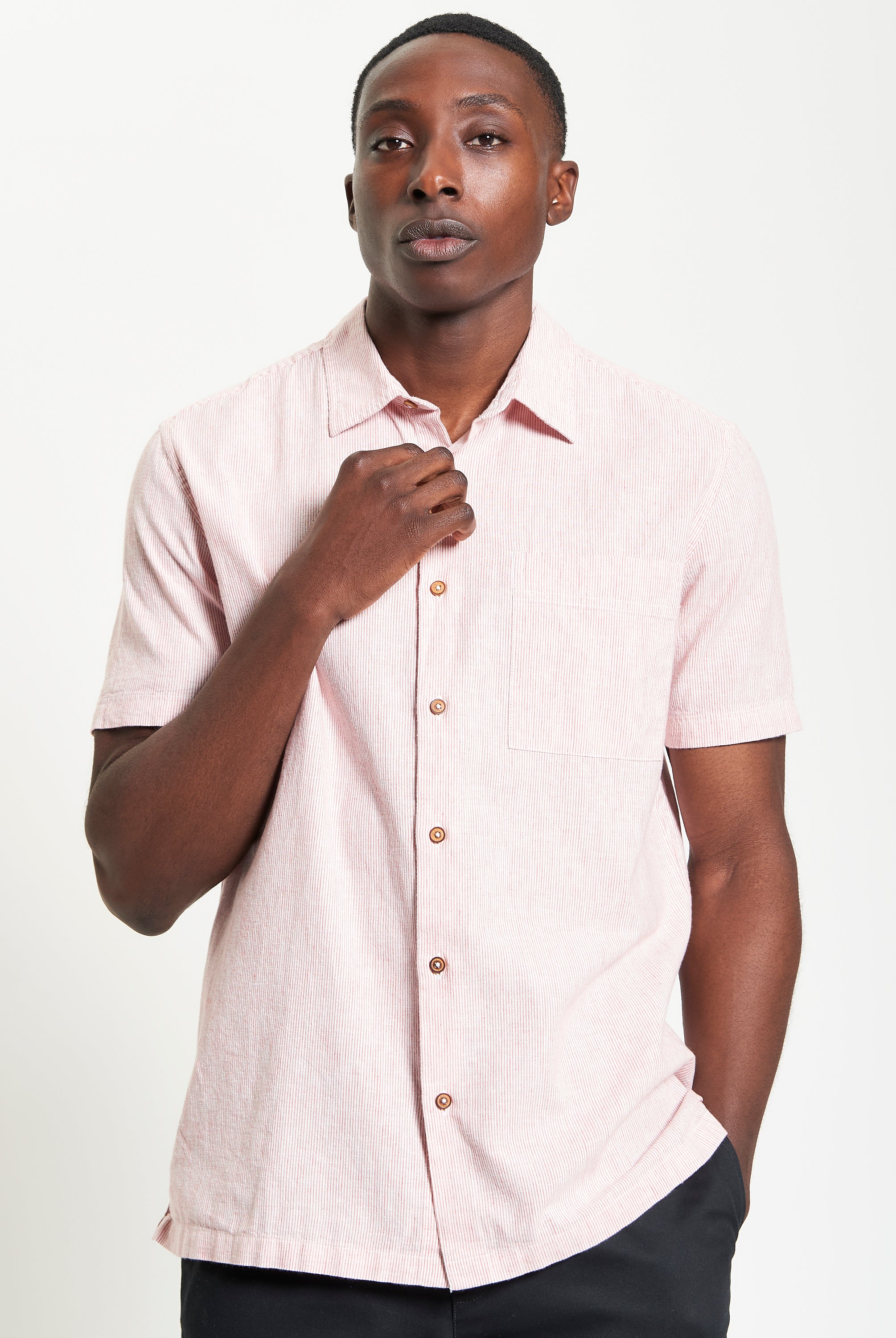 Ticking Stripe Shirt – Short-sleeve cotton-linen blend shirt in light pink with point collar and chest pocket.