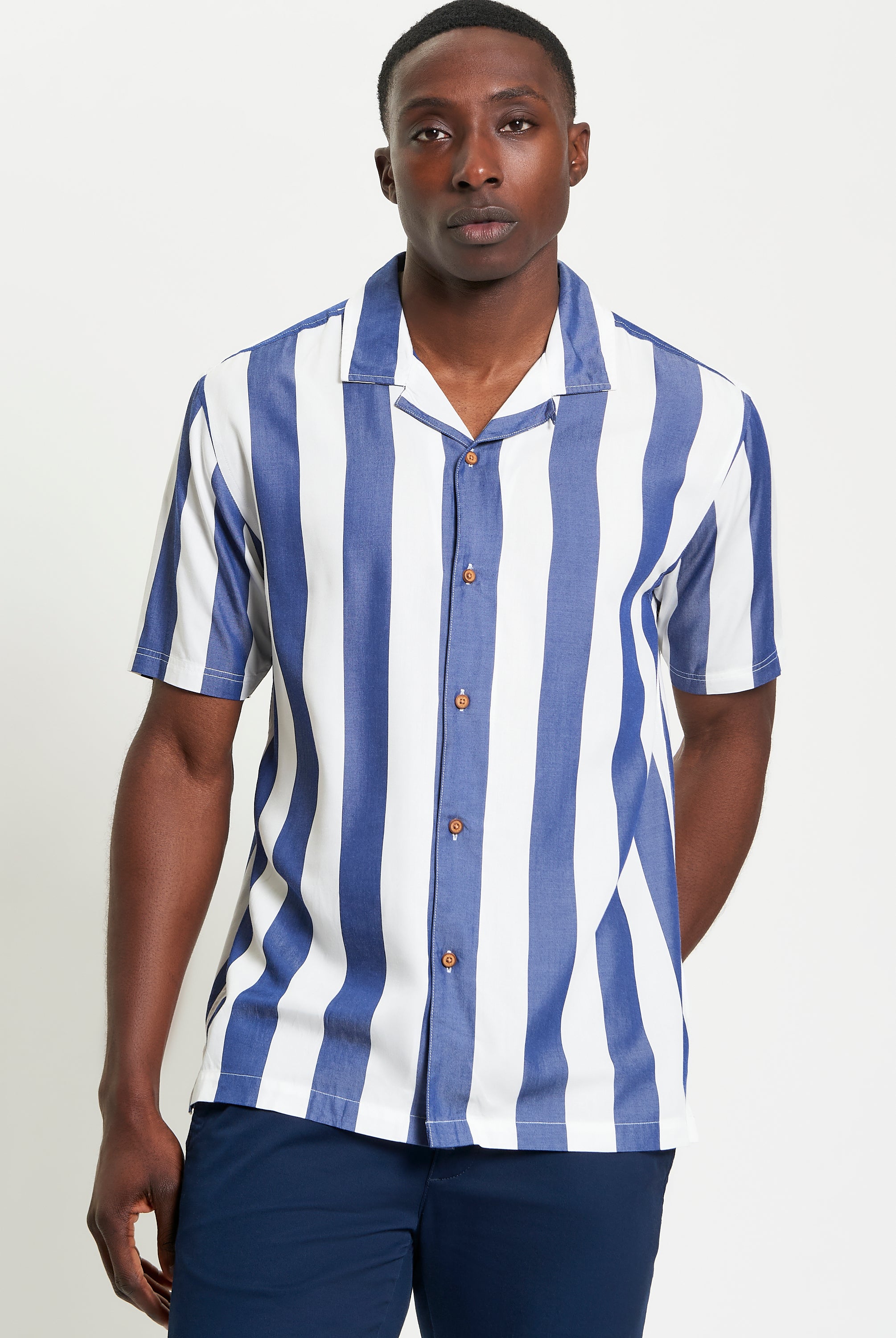 Viscose Stripe Shirt – Blue and White Stripes, Short-Sleeve, Relaxed Fit, Revere Collar