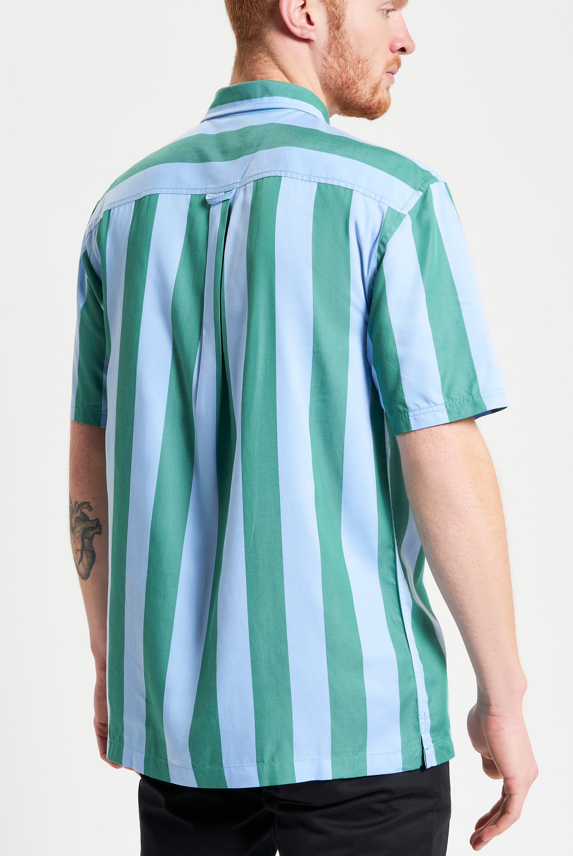 Viscose Stripe Shirt – back view showing short sleeves and relaxed fit in green and blue stripes.