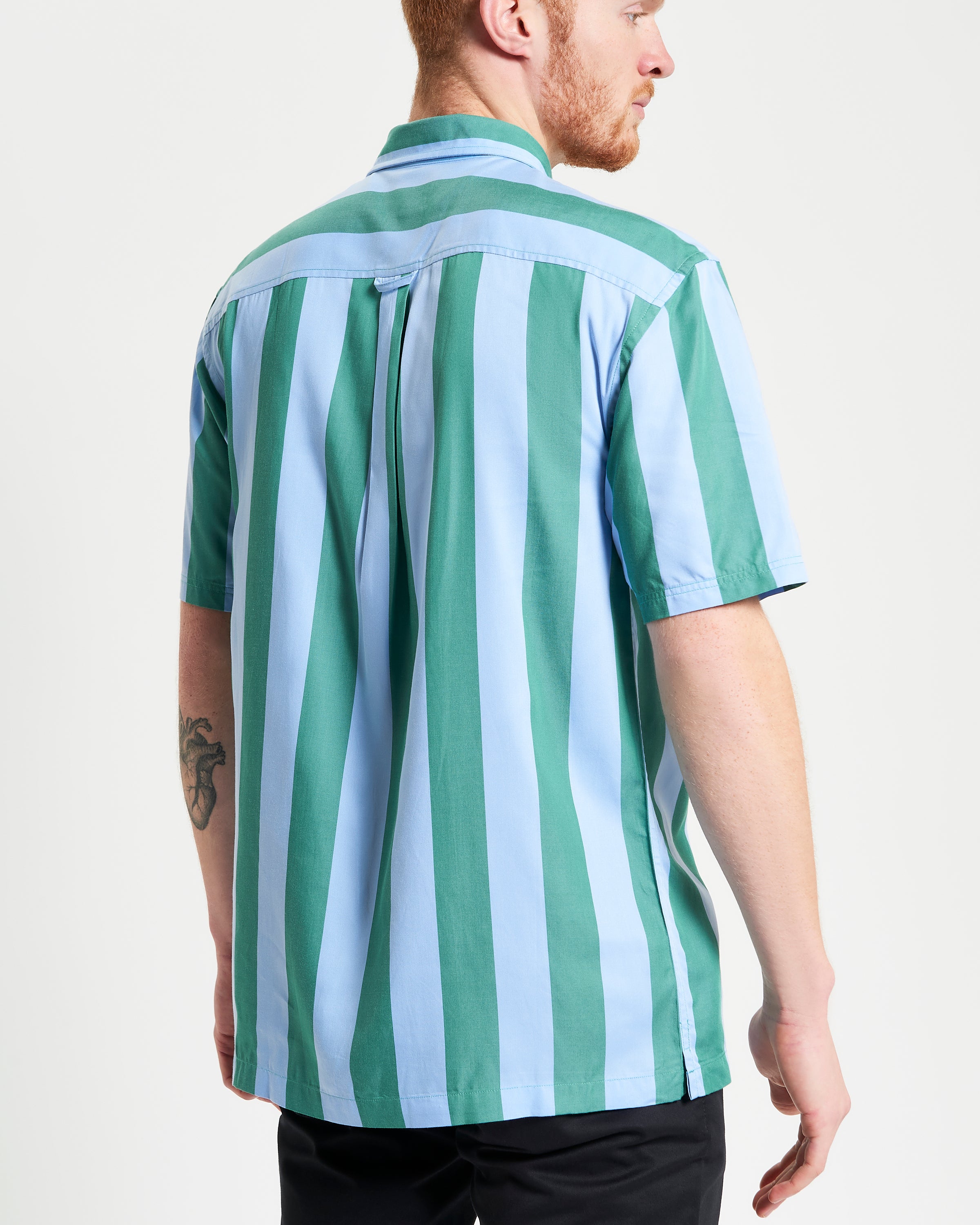 Viscose Stripe Shirt – back view showing short sleeves and relaxed fit in green and blue stripes.