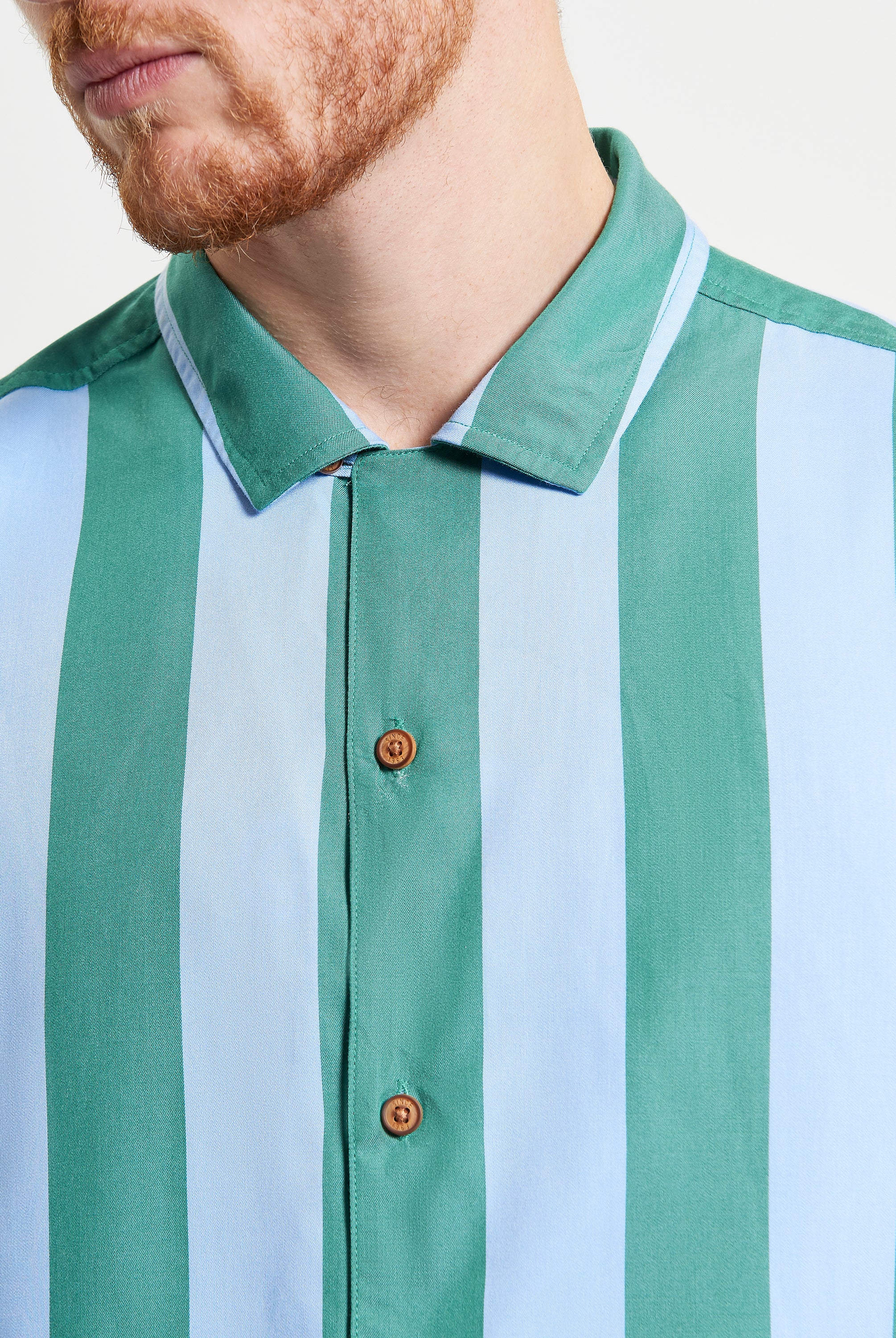 Viscose Stripe Shirt – Green and Blue Stripes, Lightweight, Relaxed Fit Shirt with Revere Collar and Short Sleeves.