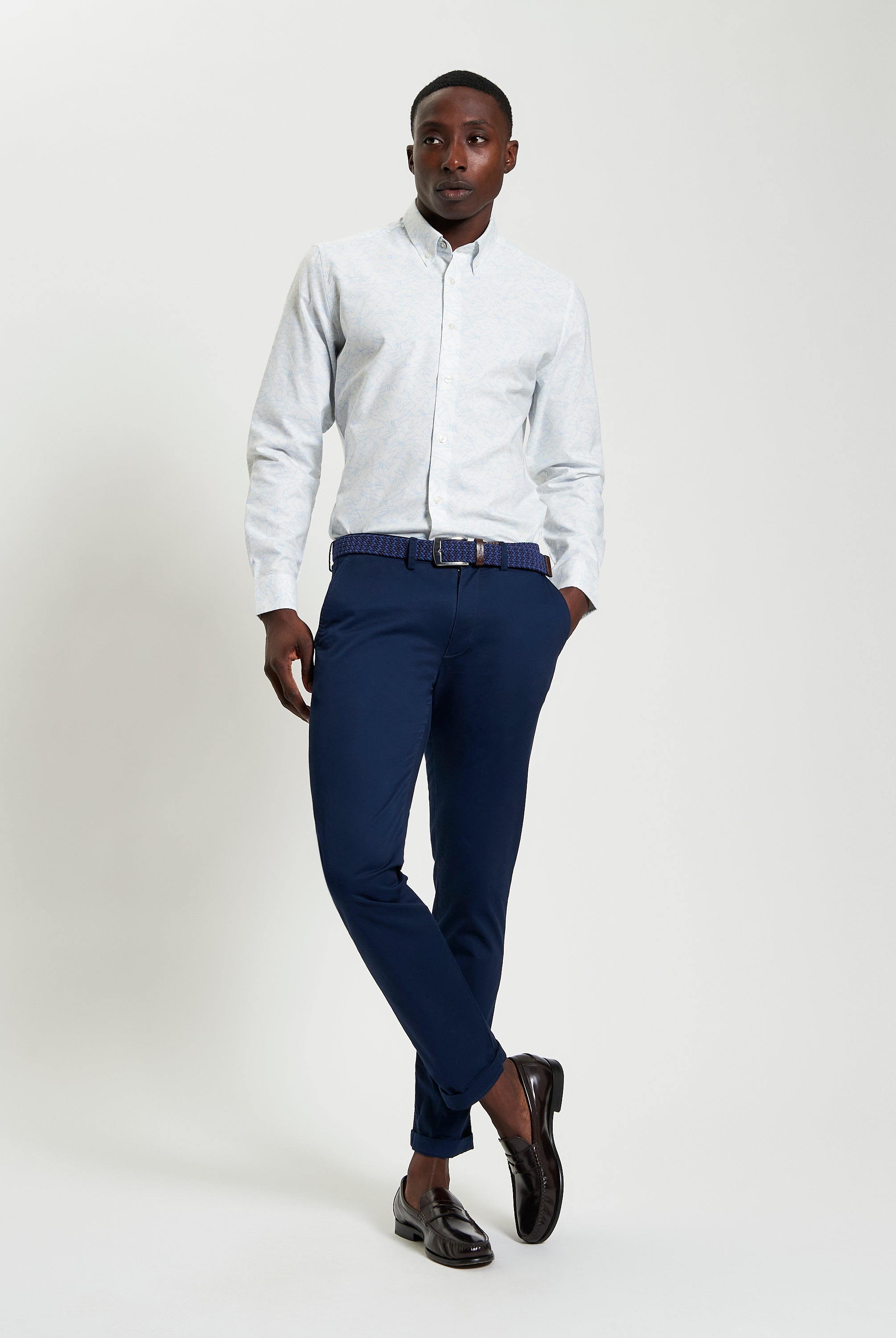 Seagull Print Shirt worn with navy pants, showcasing summer style and casual sophistication.
