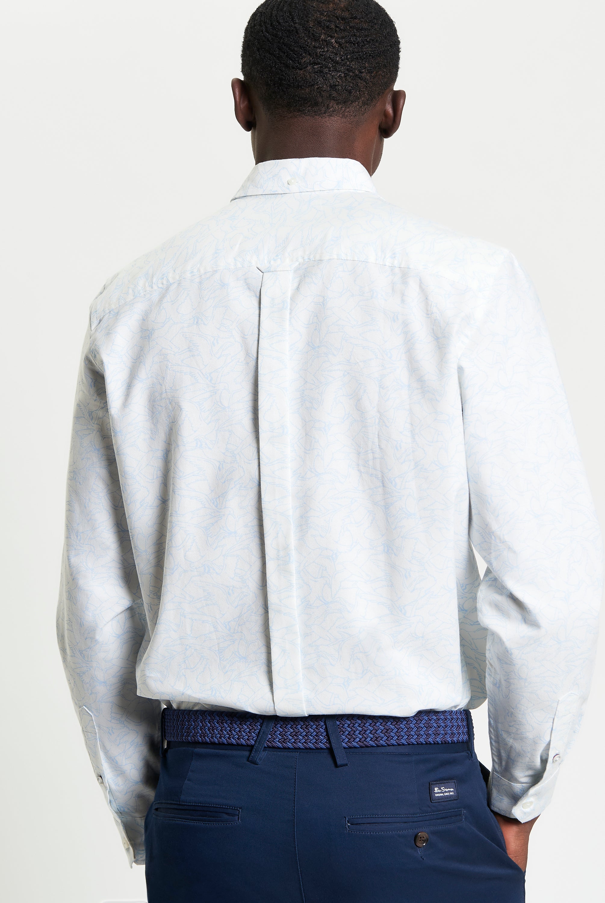 Back view of Seagull Print Shirt showcasing the two-finger button-down collar and curved hem in a classic fit.
