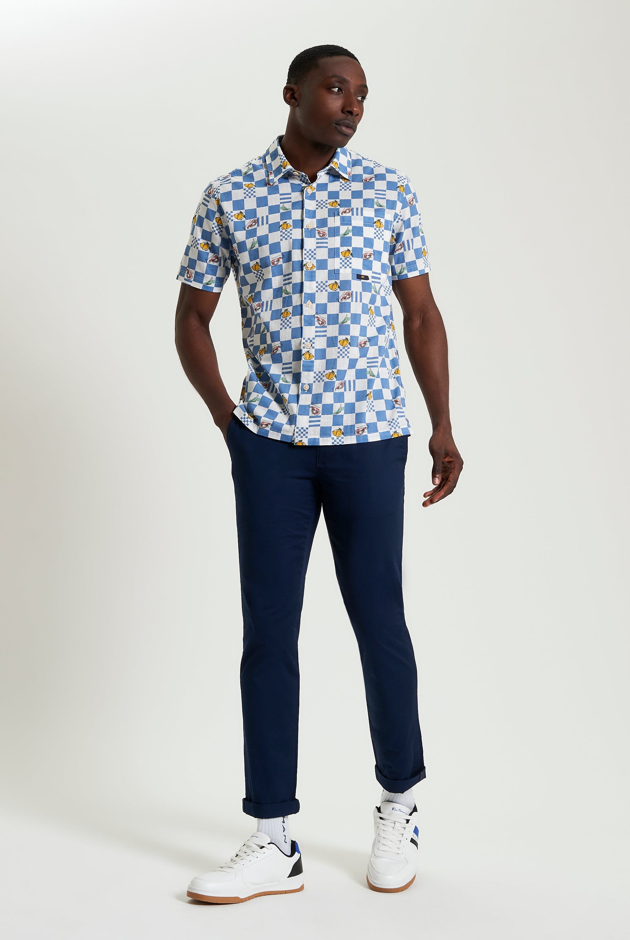 Chequerboard Print – Blue and White Shirt on Model – Casual Style with Graphic Edge