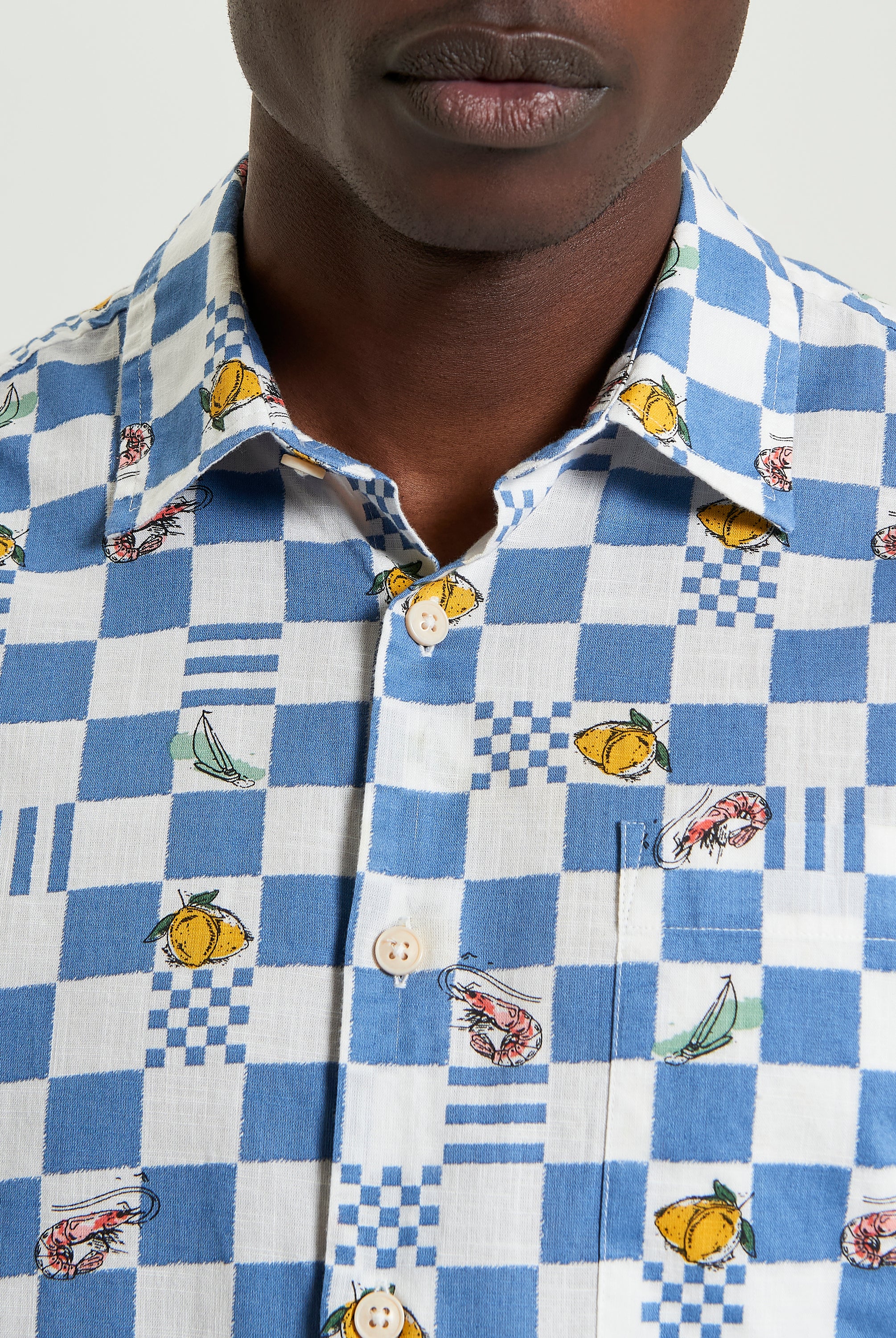 Chequerboard Print – Stylish blue and white shirt with graphic motifs and classic tailoring details.