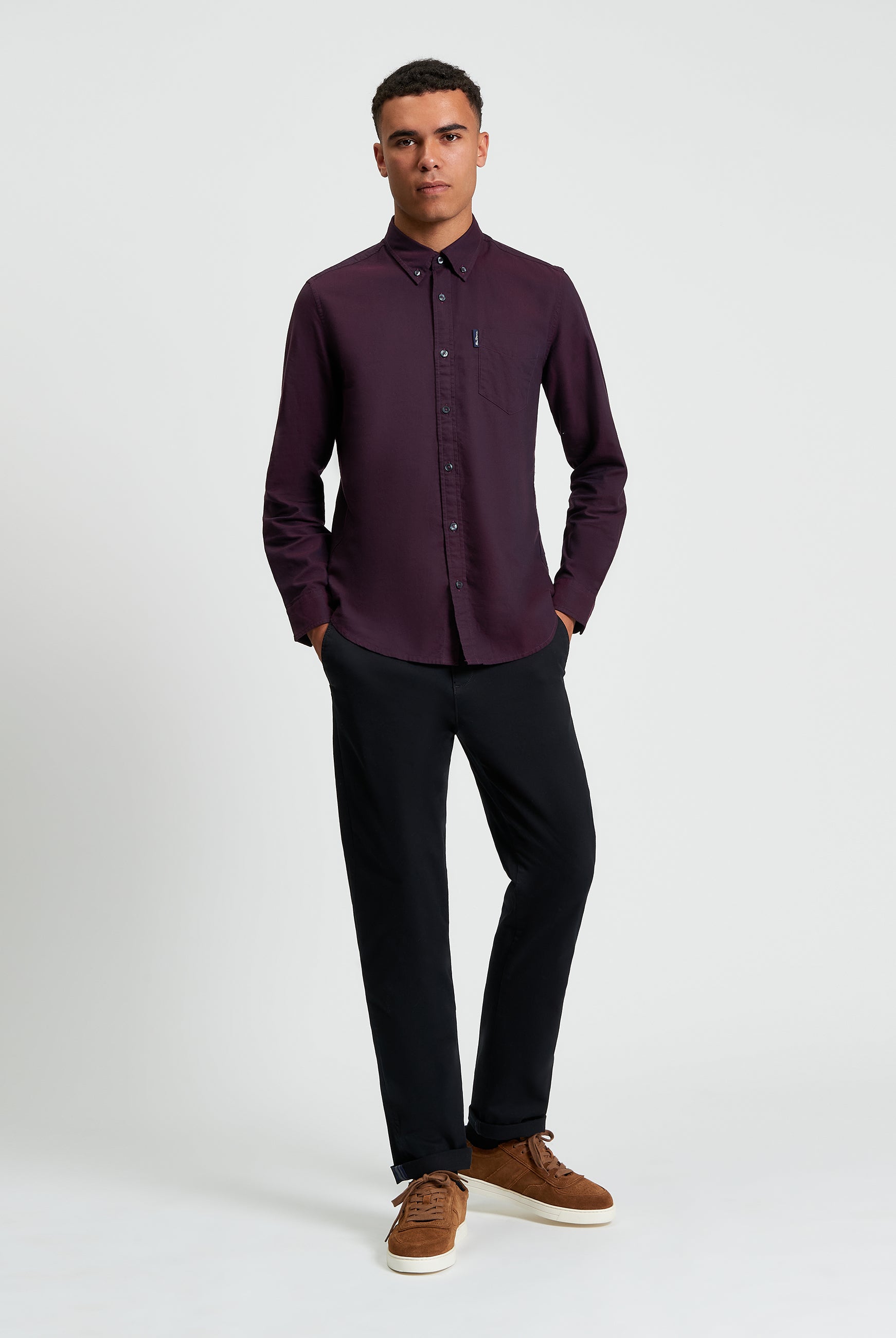 Signature Oxford Long Sleeve Shirt - Dark Wine - Full Length View