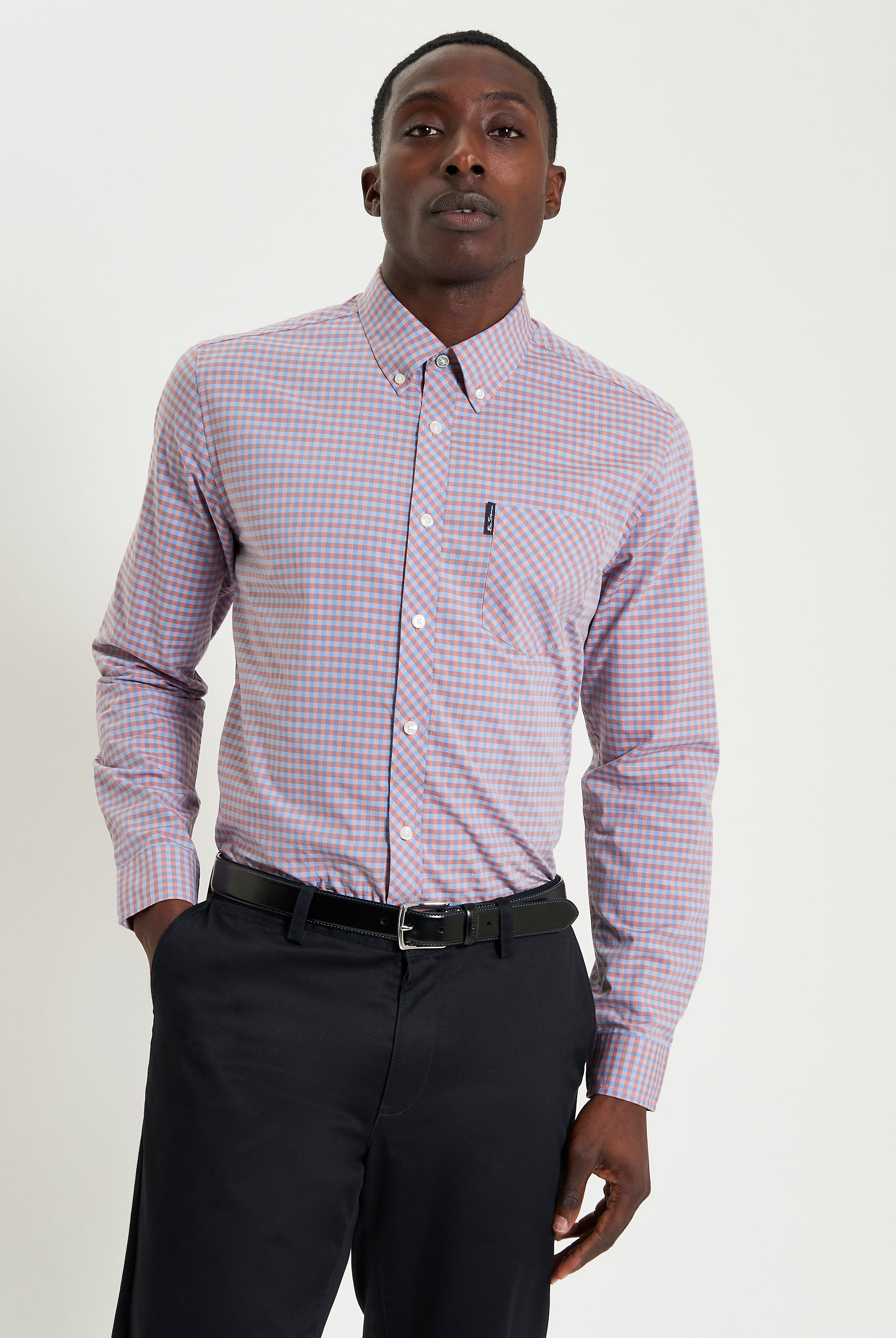 Signature Gingham Long Sleeve Shirt β modern fit with vibrant checks and classic details, worn with black trousers.