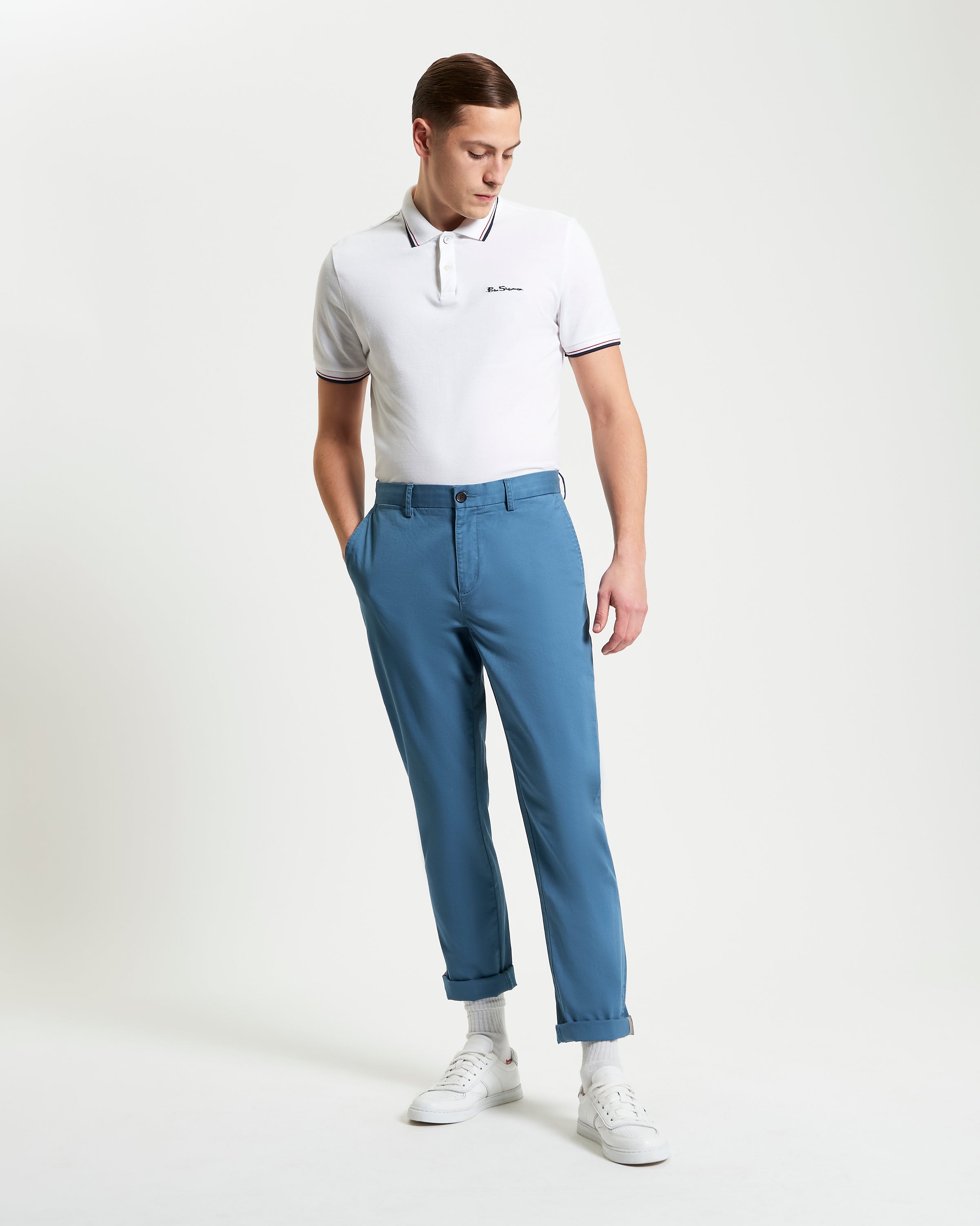 Signature Slim Stretch Chino – blue, smart casual style with branded buttons and comfortable fit.