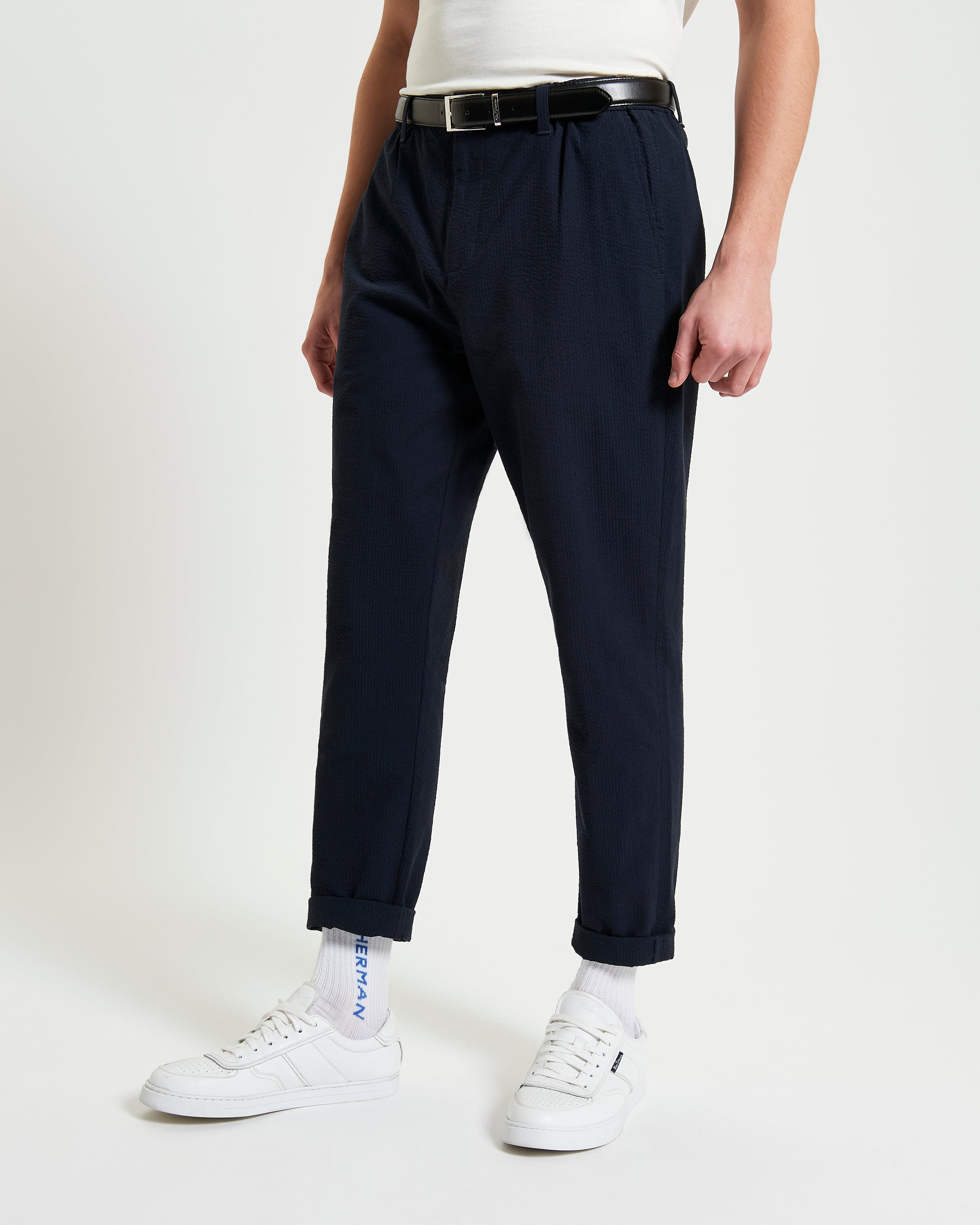 Seersucker Trouser – lightweight slim-taper fit with elasticated waistband and four pockets.