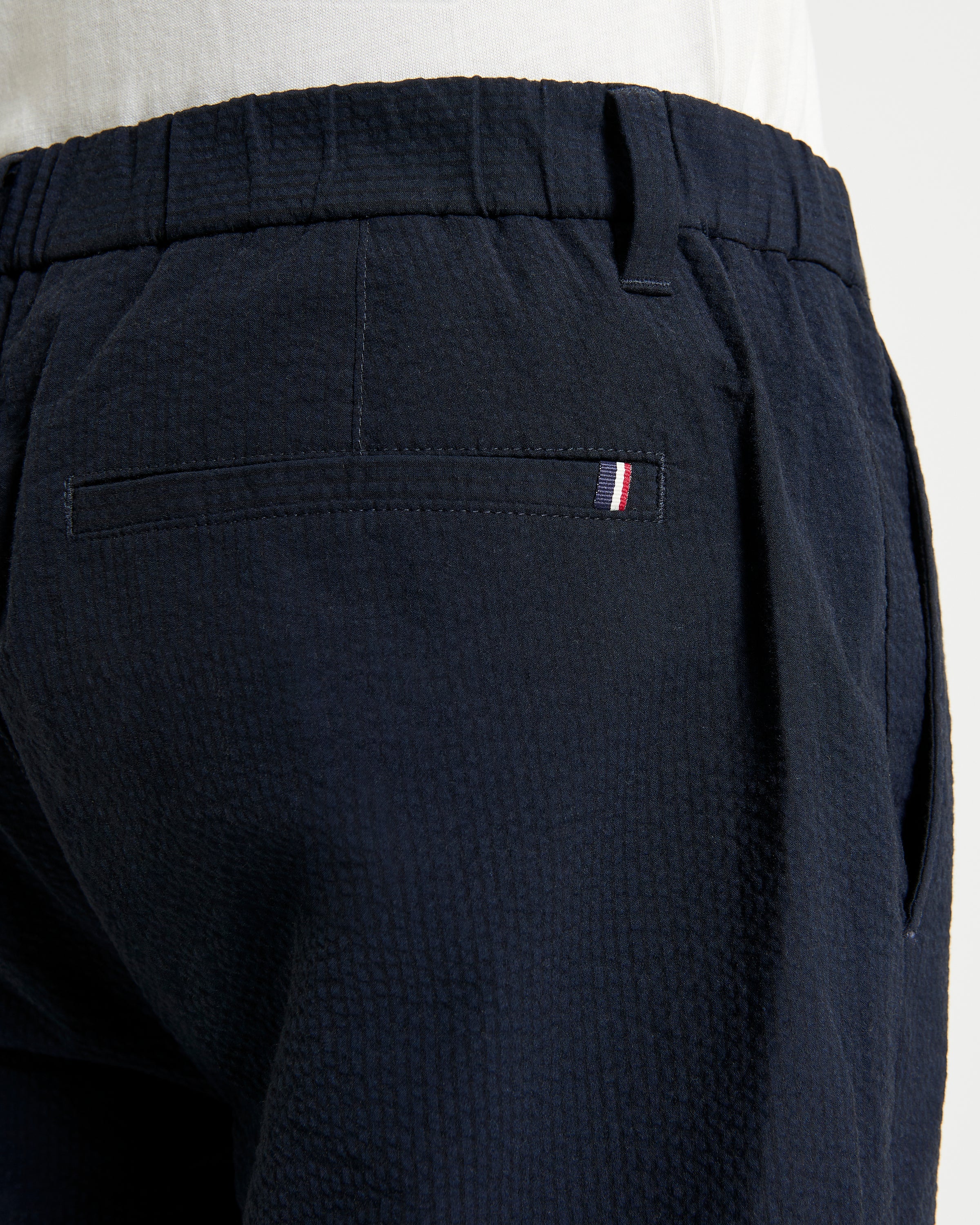 Seersucker Trouser – Back view highlighting elasticated waistband and mod-tape detailing