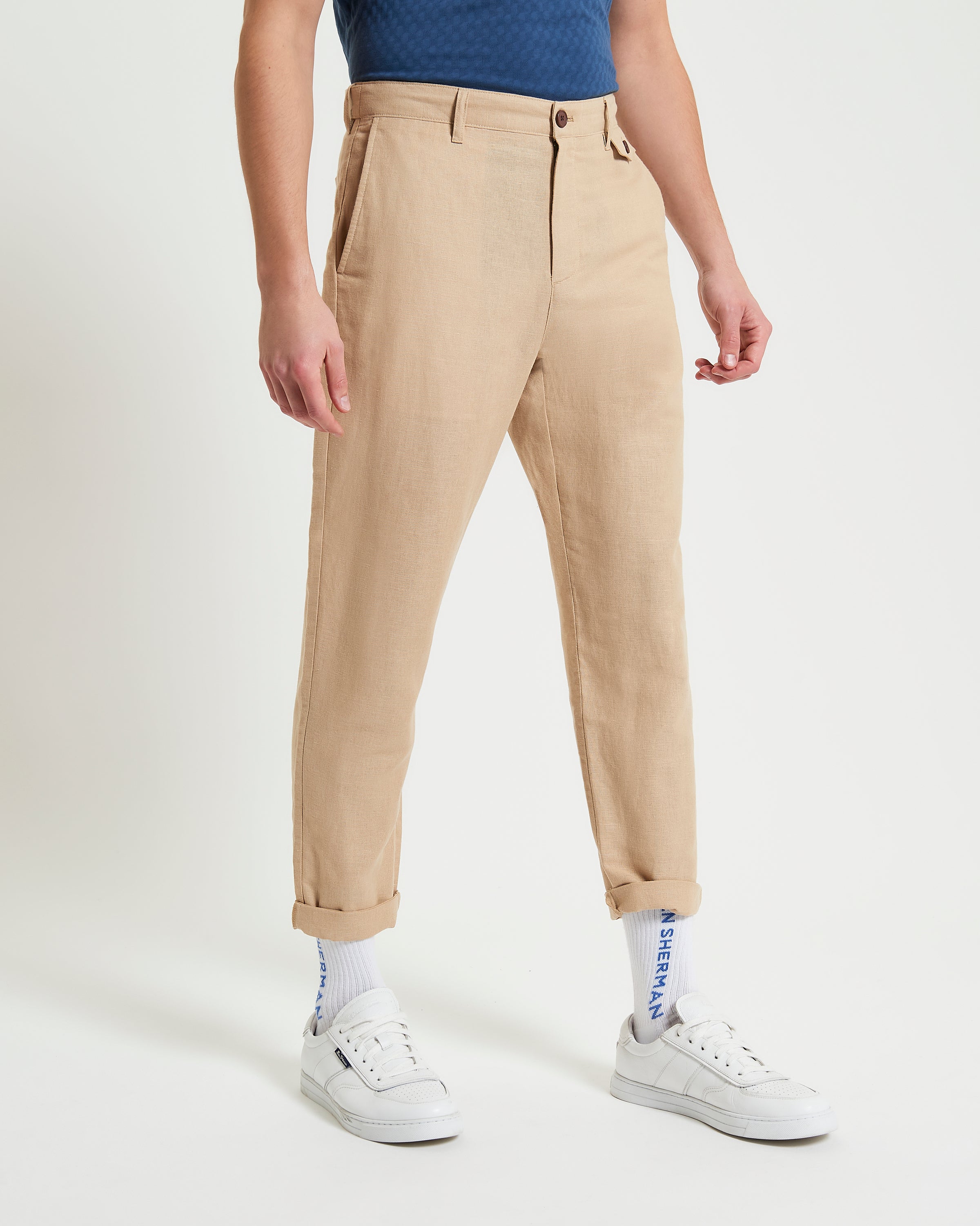 Linen Cotton Trouser – tan color in slim fit with rolled cuffs and functional pockets