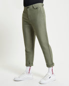 Linen Cotton Trouser – olive green slim fit trousers with rolled hem and four pockets.