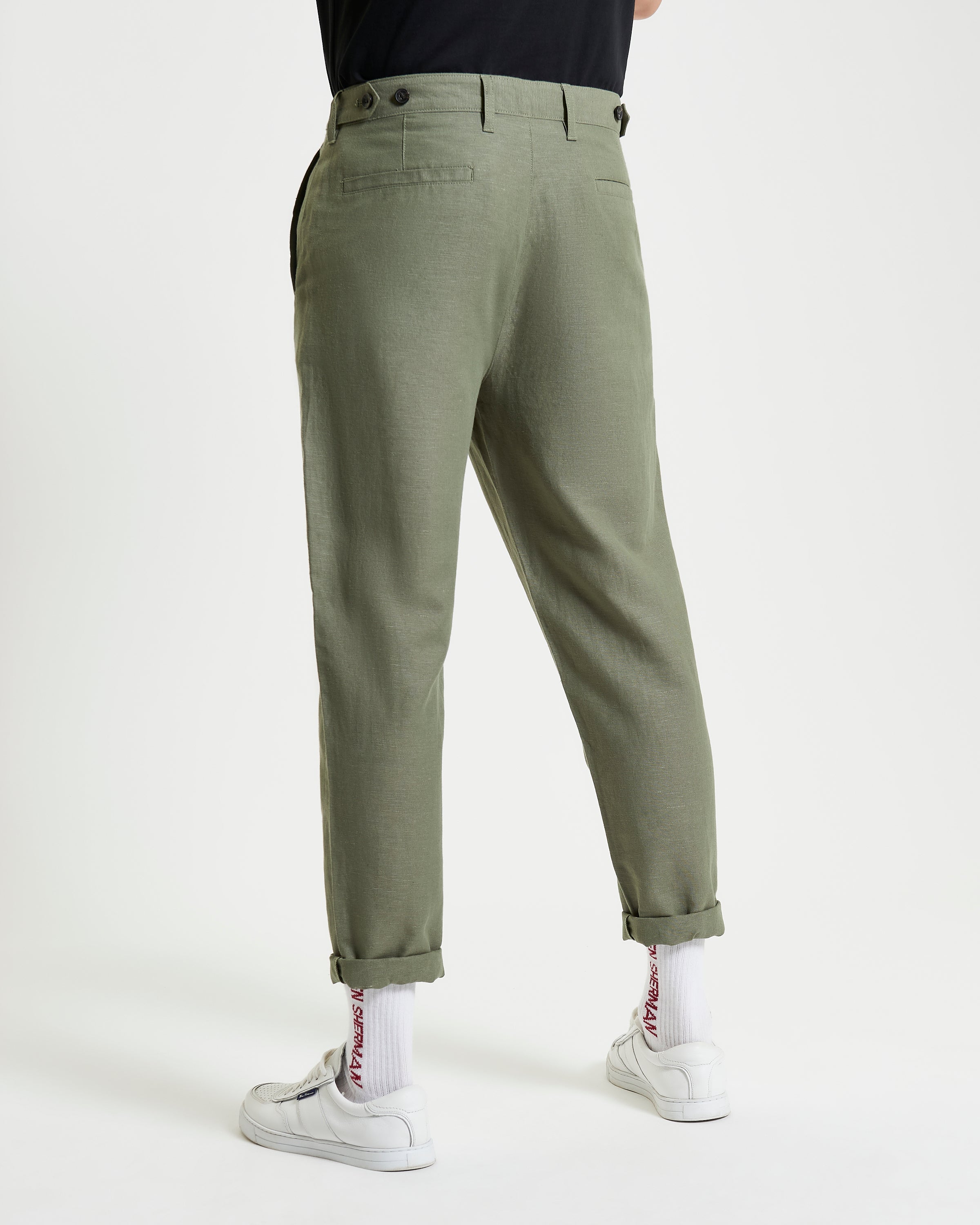 Linen Cotton Trouser – olive green – slim tapered fit with four pockets for comfort and style.