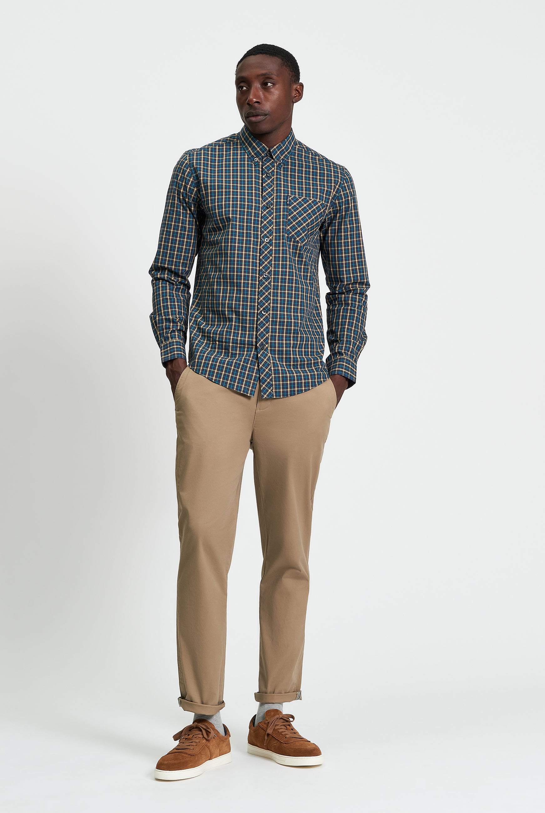 Signature House Check Long Sleeve Shirt - Teal- Full Length View