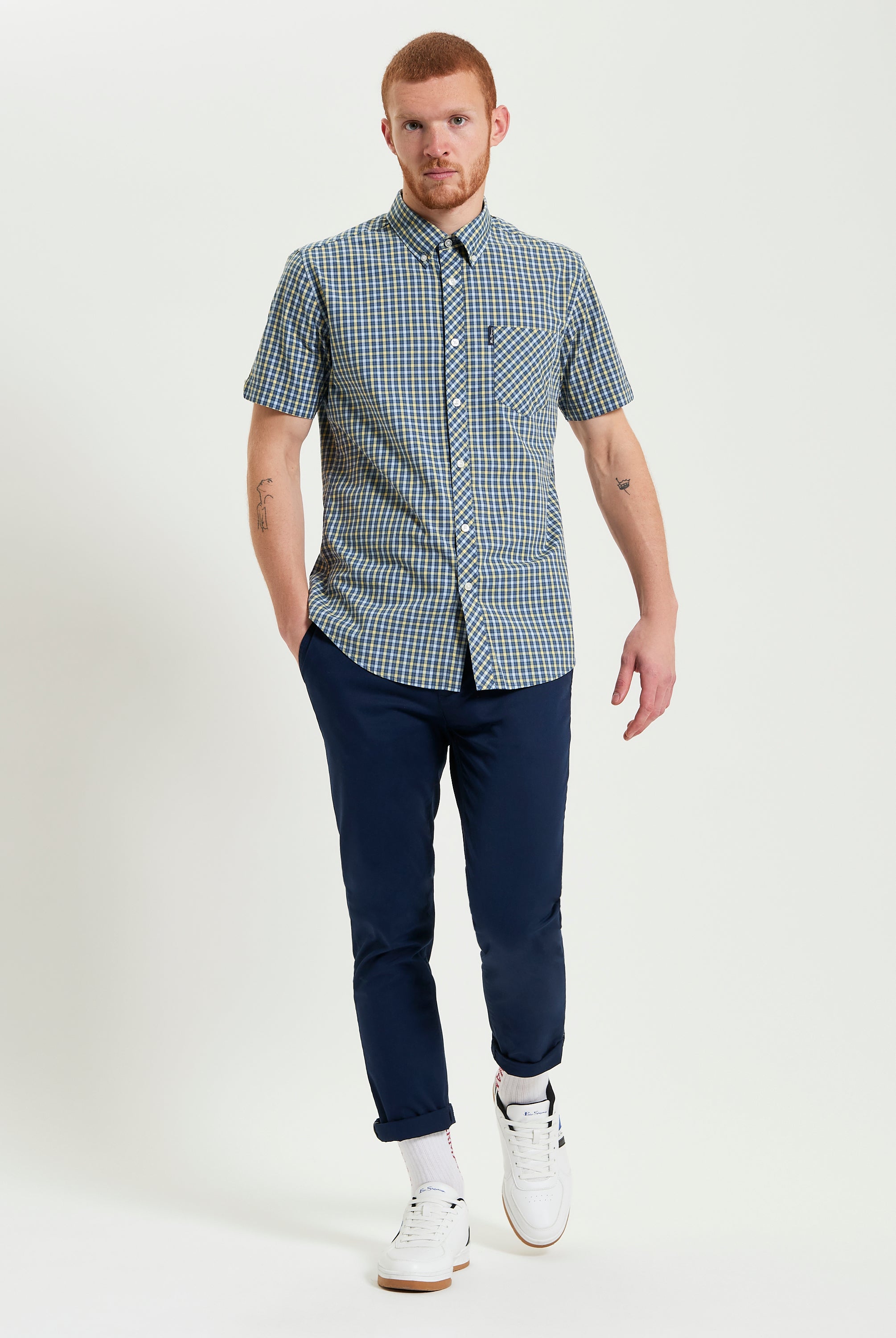 Signature House Check Short Sleeve Shirt model wearing outfit with navy pants and sneakers