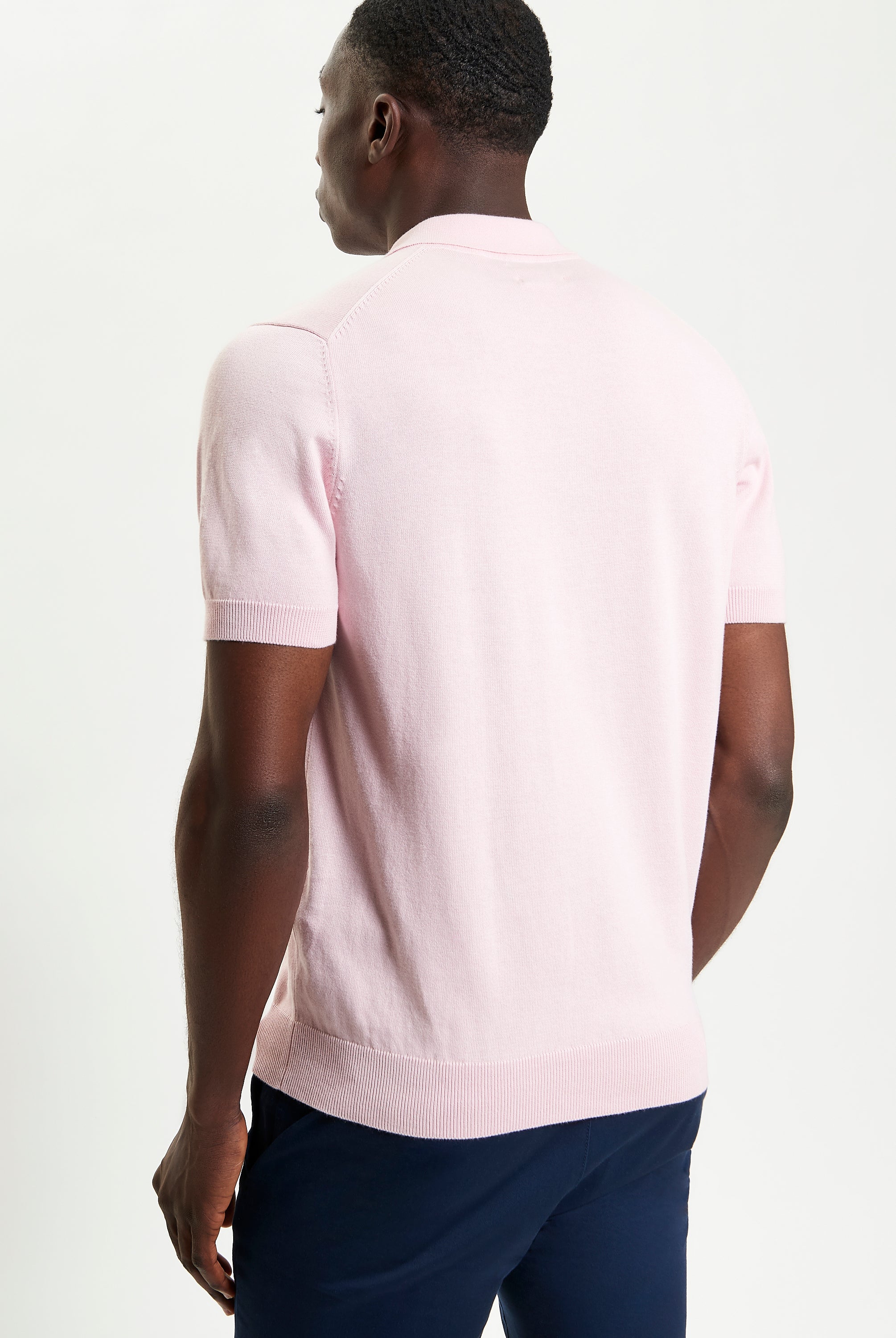 Signature Short Sleeve Polo – Pink, back view showing ribbed collar and tailored fit