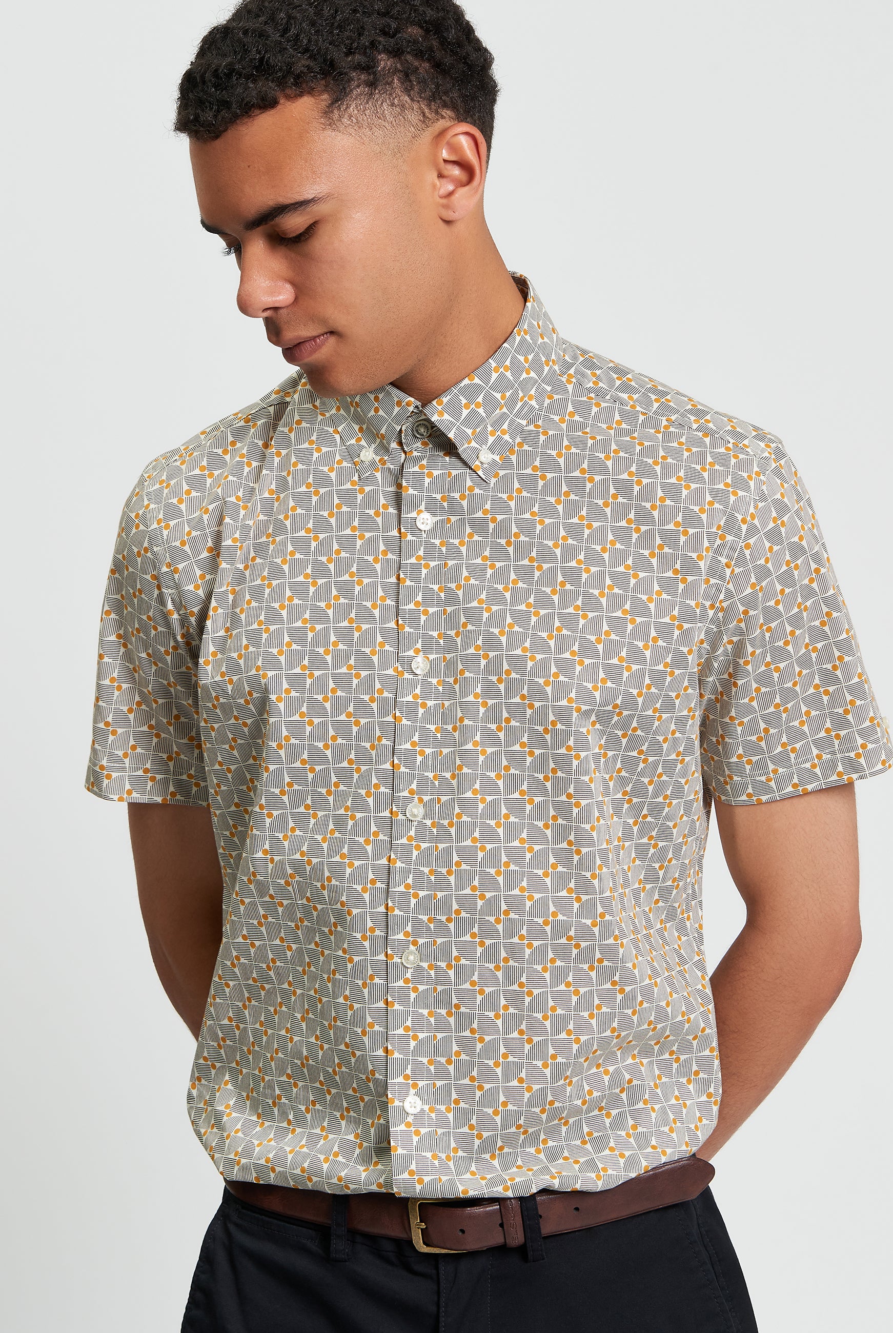 Retro Geo Print Shirt - Mustard - Front