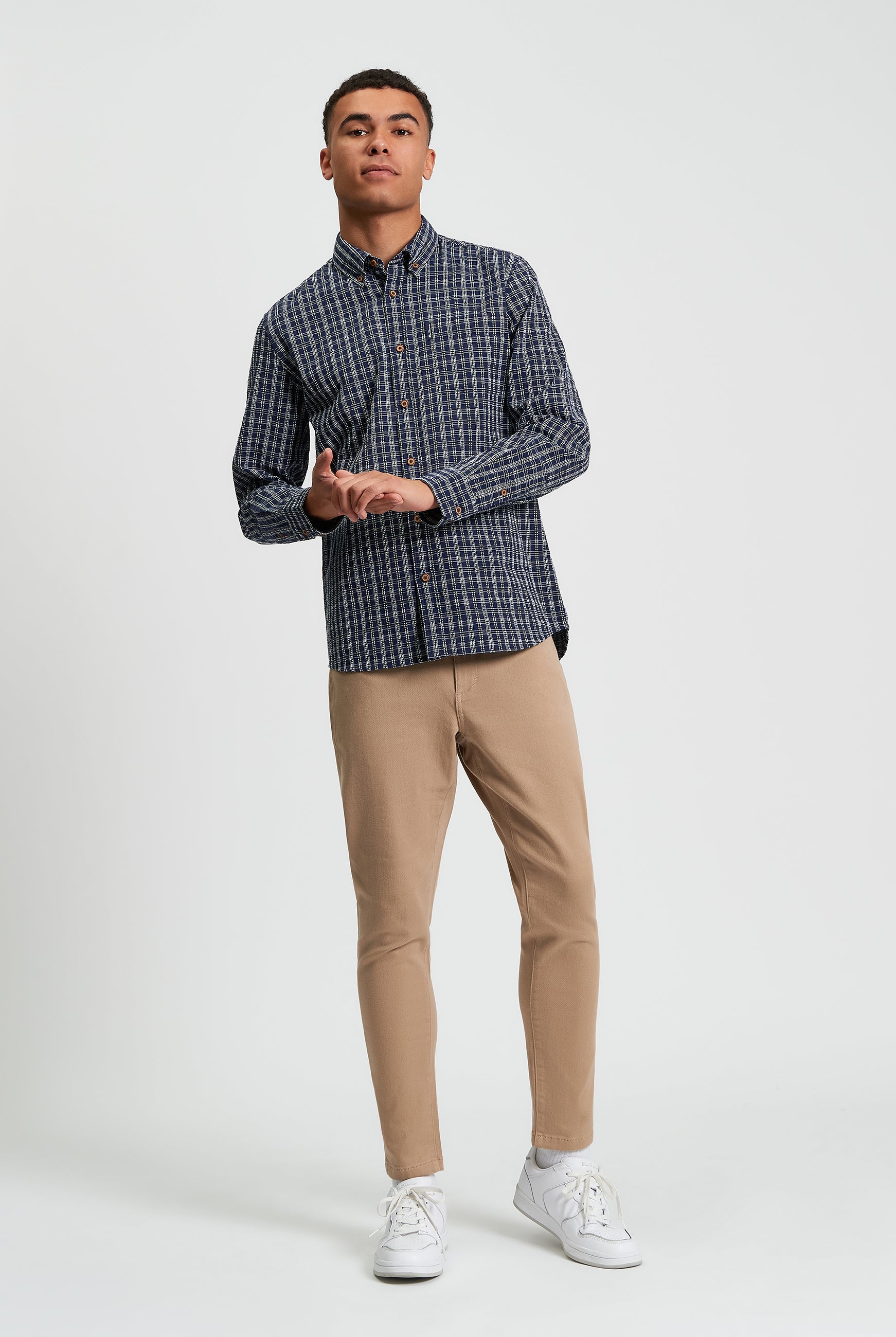 Raised Yarn Check Shirt - Dark Navy - Full Length