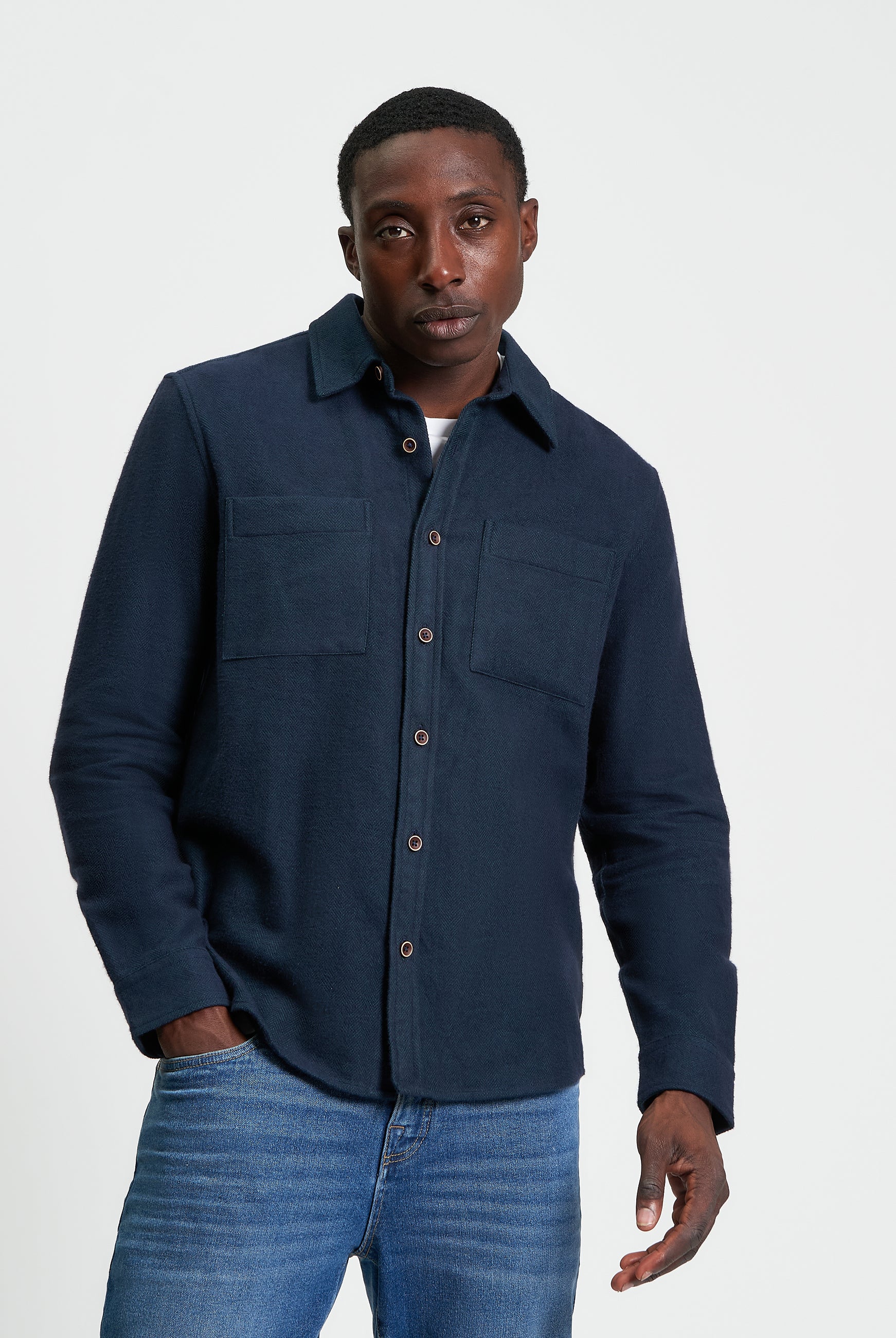 Brushed Herringbone Overshirt - Dark Green - Front