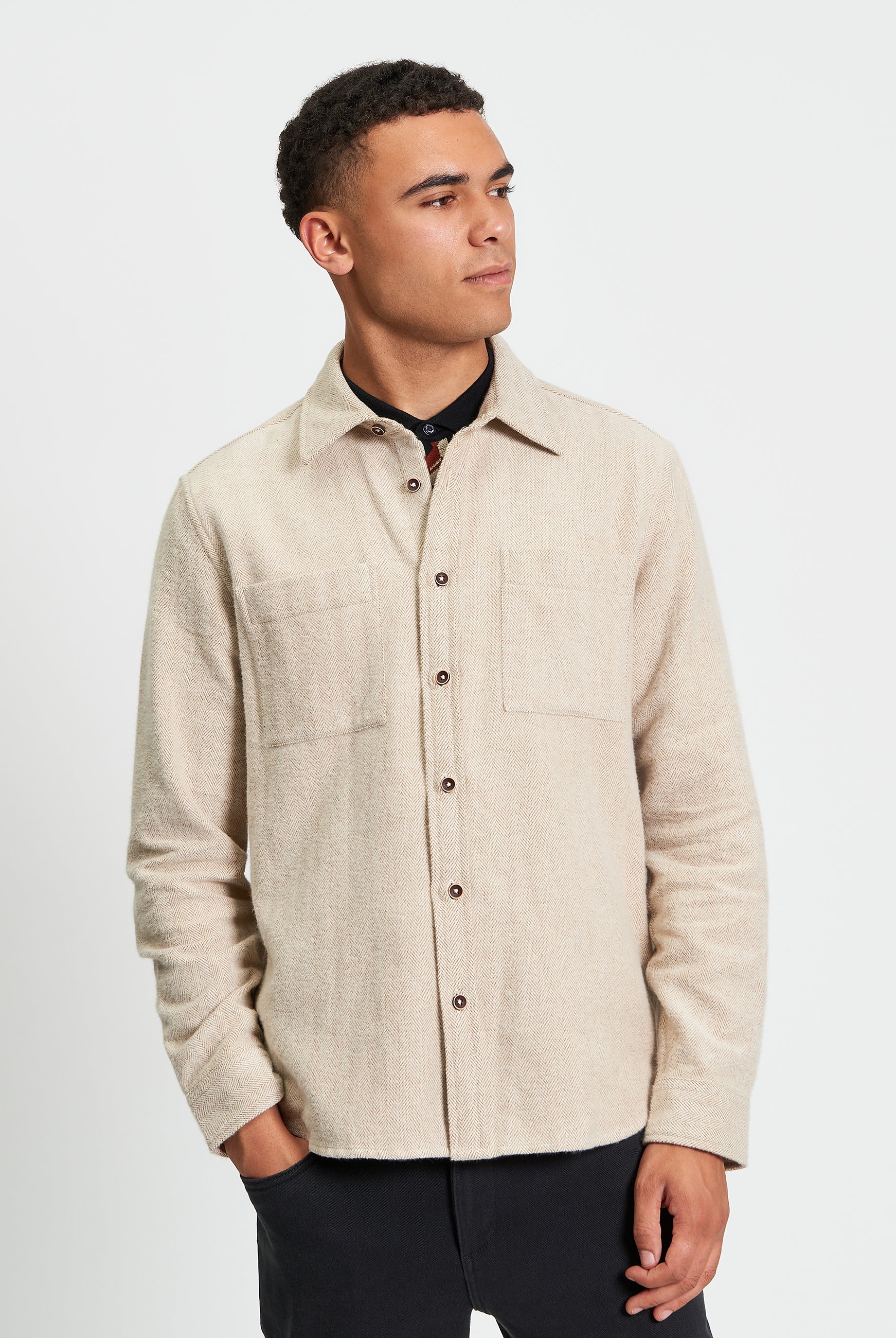 Brushed Herringbone Overshirt - Bronze - Front