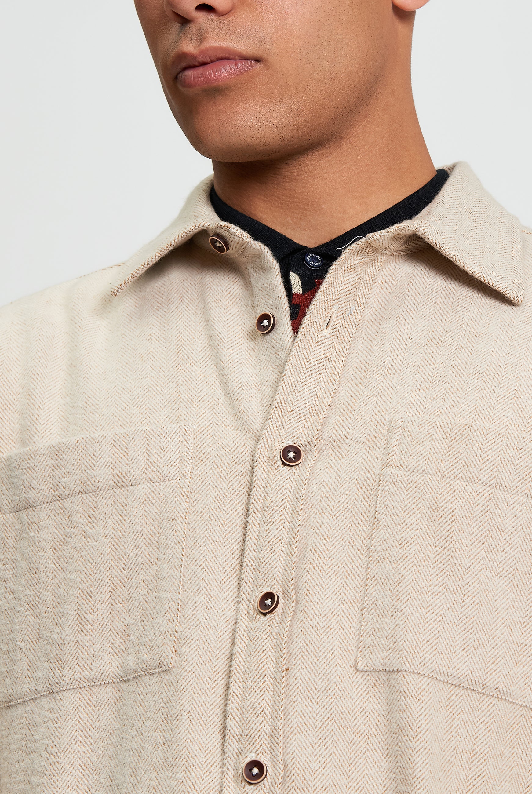 Brushed Herringbone Overshirt - Bronze - Close Up