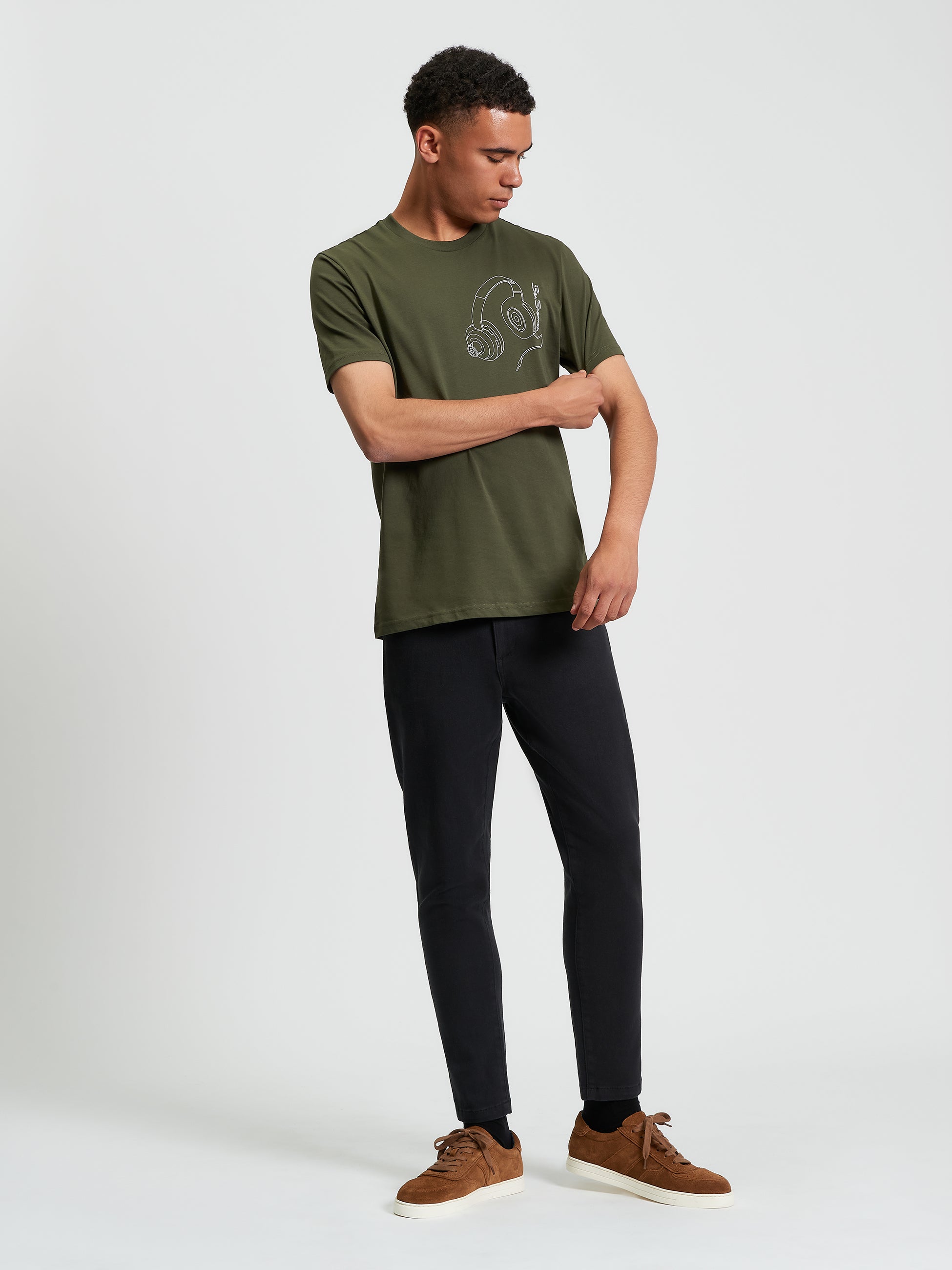 Headphone Print Graphic T-Shirt Khaki