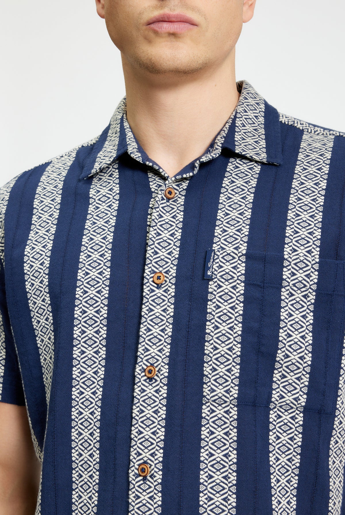 Short Sleeve Block Geo Jacquard Stripe Shirt - Twilight Denim - Close-Up