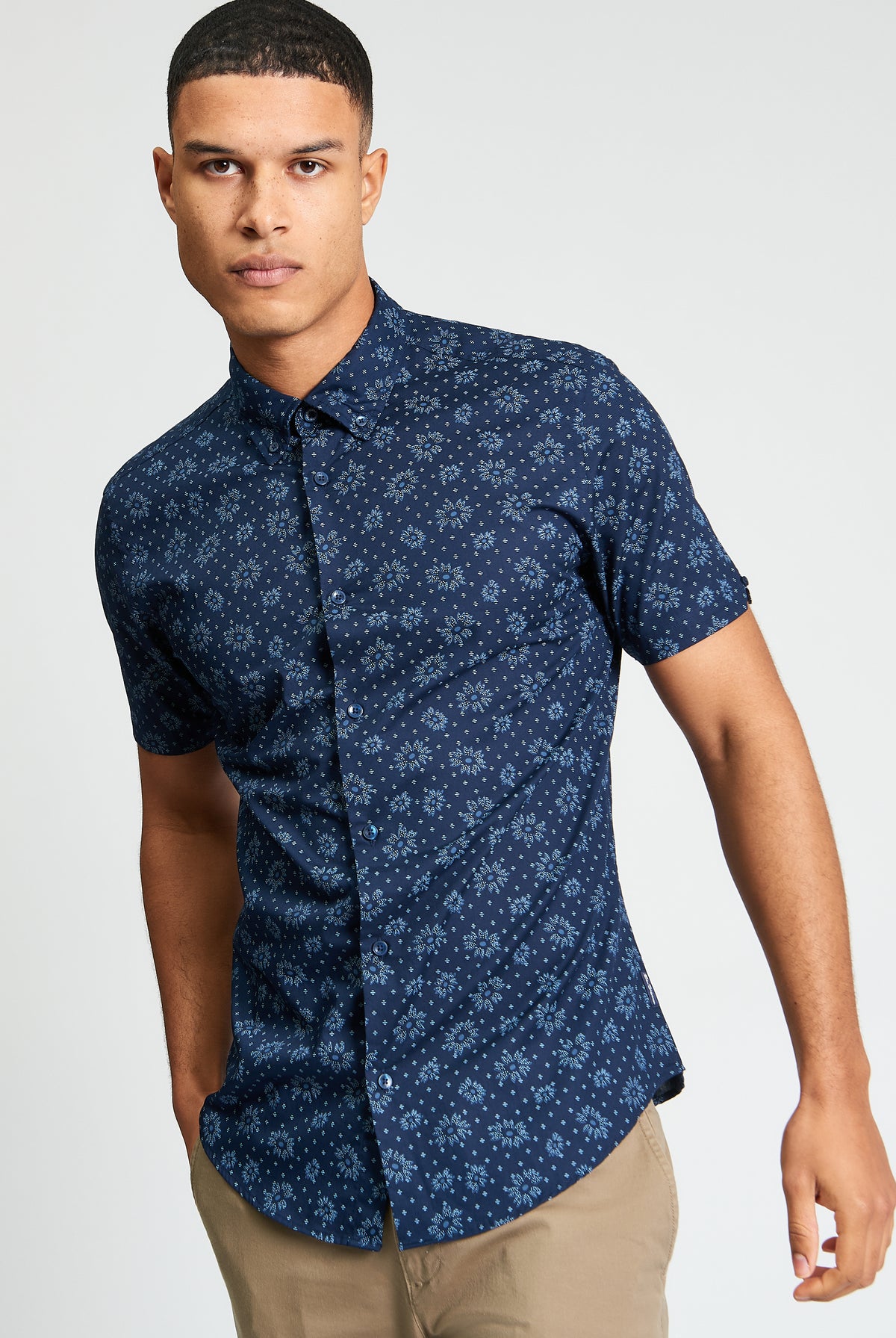 Short Sleeve Floral Geo Print Shirt - Dark Navy - Styled
